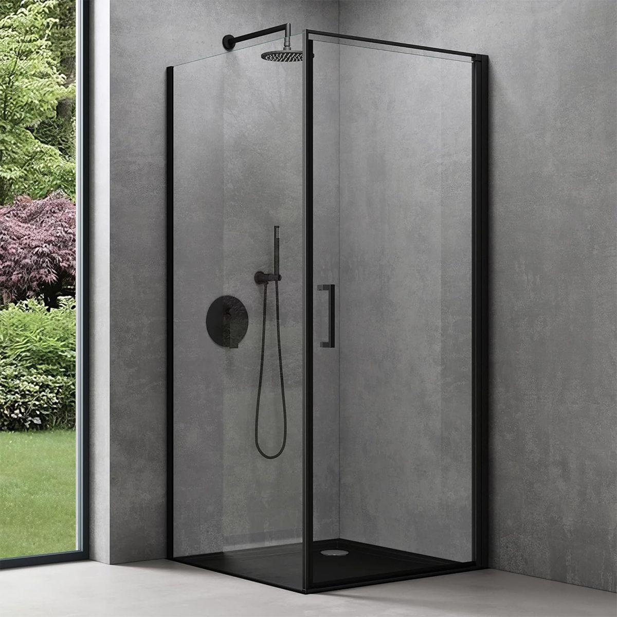 Duschkabine mit Festwand und Pendeltür, 8 mm Sicherheitsglas, Profil und Griff in Schwarz, Maße: 90–100 x 90–100 cm, Ego-36