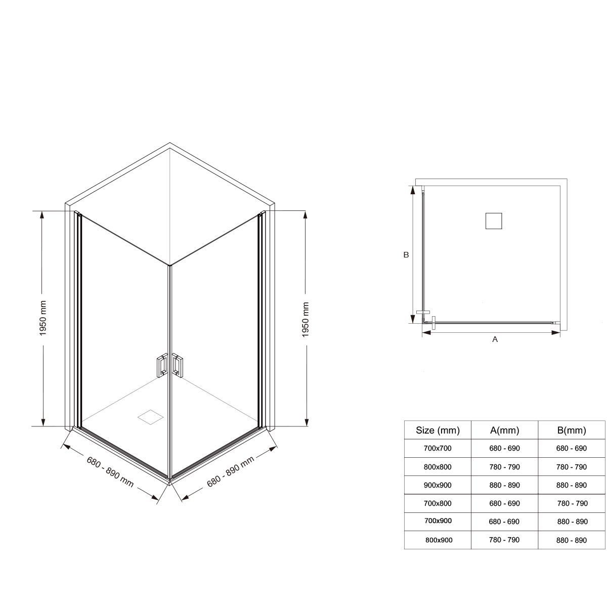 Duschkabine, 6 mm Sicherheitsglas, Transparent, Chrom, 2 Drehtüren, Größen 70, 80, 90 x 195 cm, Hera