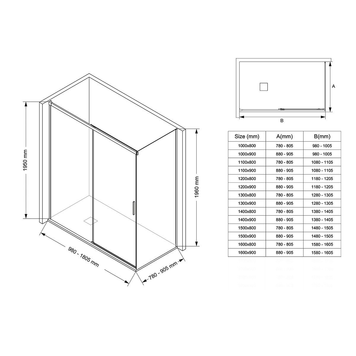 Duschkabine, fester Wand und Schiebetür, 6 mm Sicherheitsglas, 70-90 x 100-160 cm, Profil und Griff in Chrom, Hanes