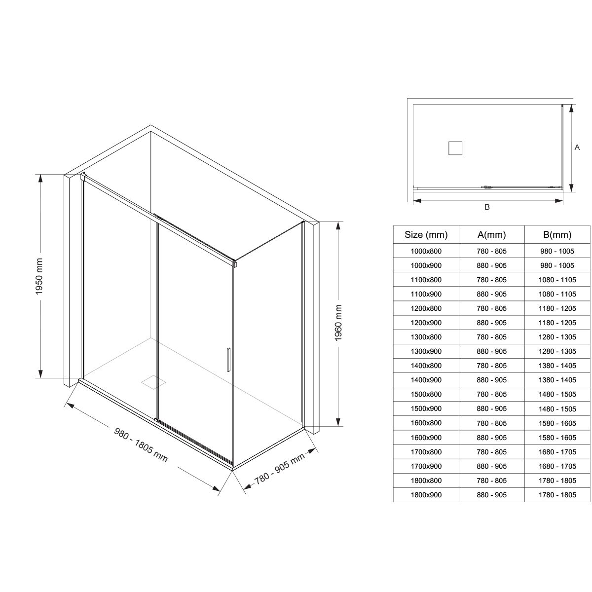Duschkabine, fester Wand und Schiebetür, 6 mm Sicherheitsglas, 70–90 x 100–180 cm, Profil und Griff in Mattschwarz, Hanes