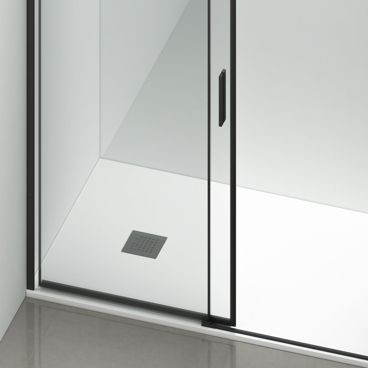 Duschkabine, fester Wand und Schiebetür, 6 mm Sicherheitsglas, 70–90 x 100–180 cm, Profil und Griff in Mattschwarz, Hanes