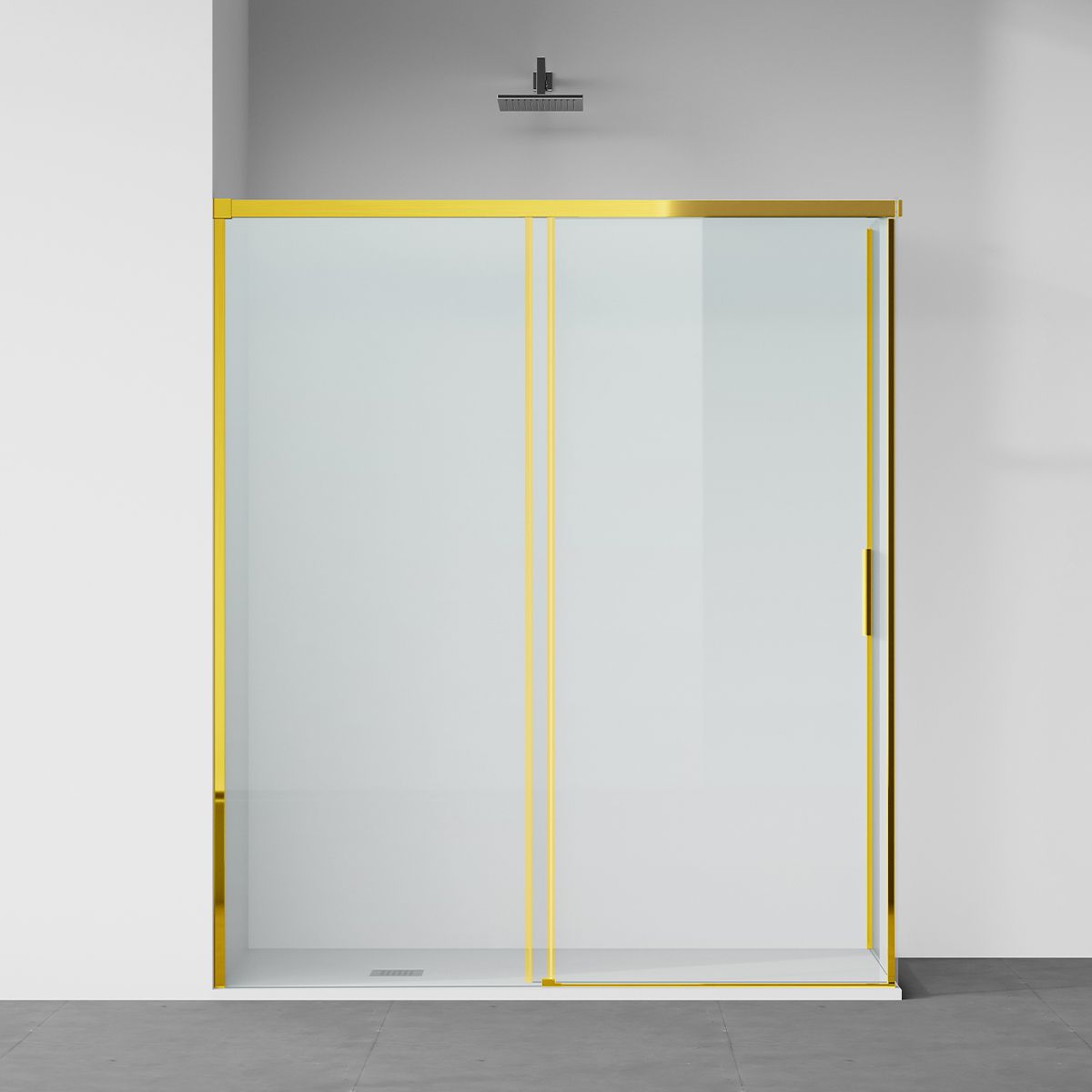 Duschkabine, fester Wand und Schiebetür, 6 mm Sicherheitsglas, 70x90 x100-160 cm,  Profil und Griff in Mattgold, Hanes