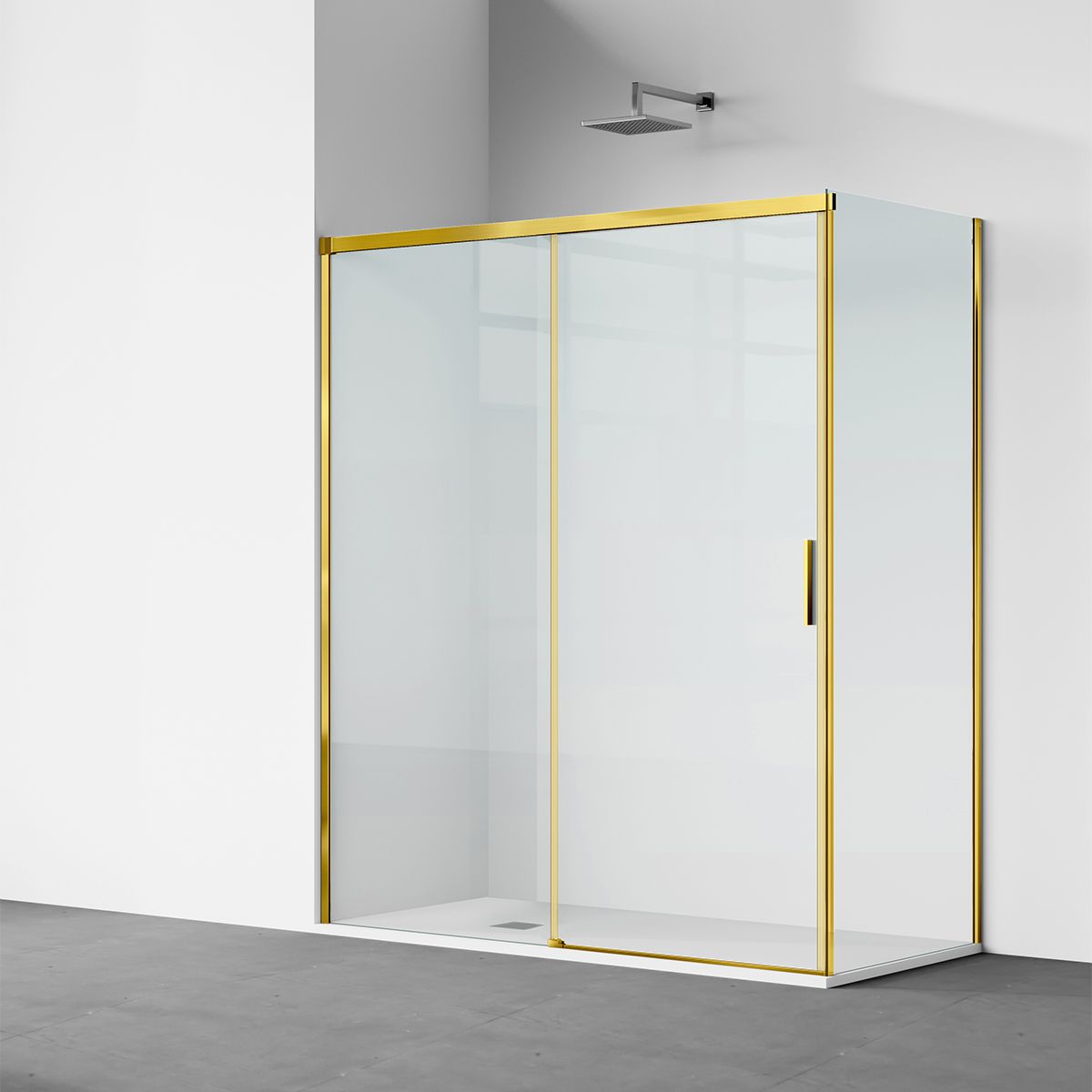 Duschkabine, fester Wand und Schiebetür, 6 mm Sicherheitsglas, 70x90 x100-160 cm,  Profil und Griff in Mattgold, Hanes