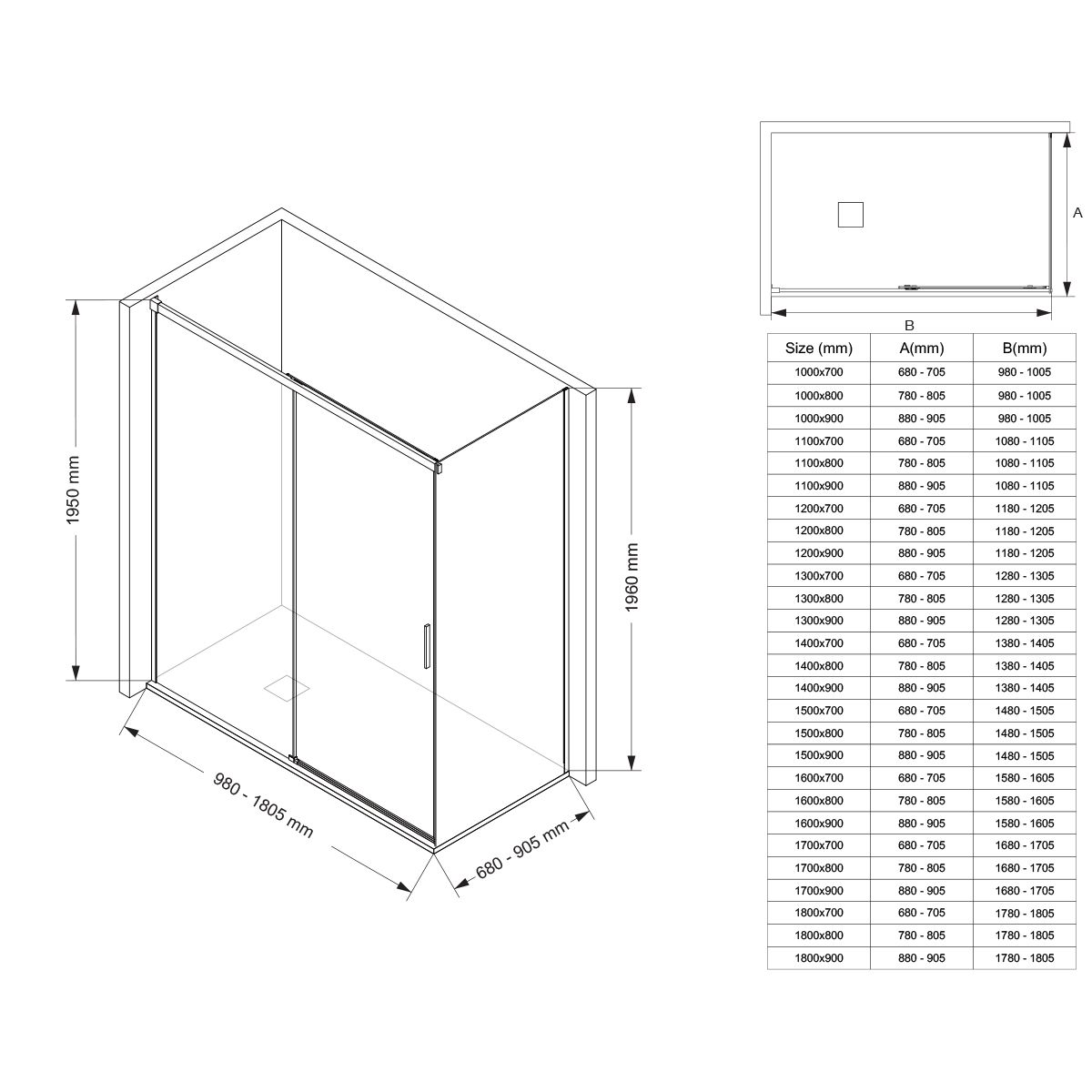 Duschkabine, fester Wand und Schiebetür, 6 mm Sicherheitsglas, 70x90 x100-160 cm,  Profil und Griff in Mattgold, Hanes