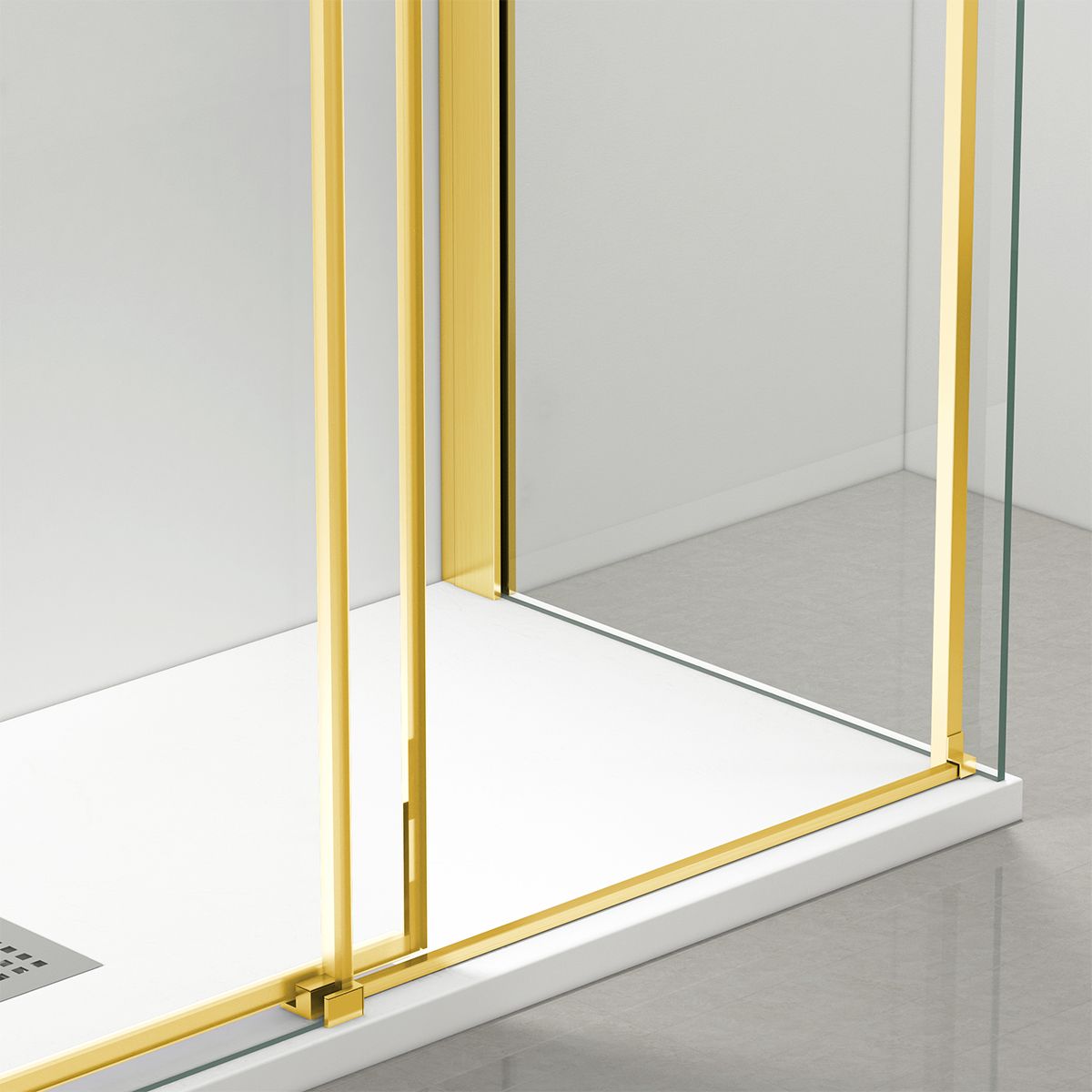 Duschkabine, fester Wand und Schiebetür, 8 mm Sicherheitsglas, Maße 80-90 x 120-140 cm, Mattgoldenes Profil, Giorgio