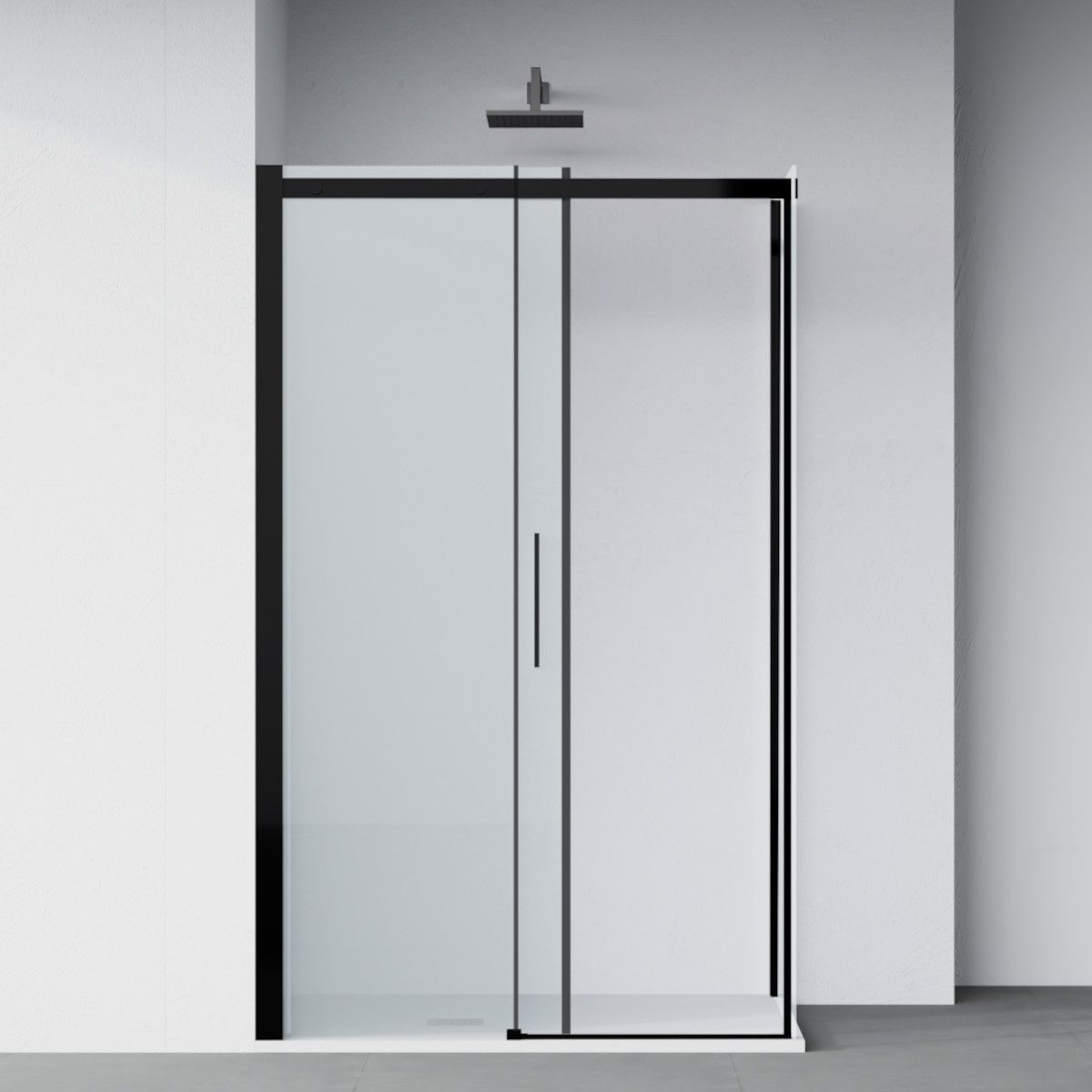 Duschkabine, fester Wand und Schiebetür, 8 mm Sicherheitsglas, Maße 80-90 x 120-140 cm, mattschwarzes Profil, Giorgio