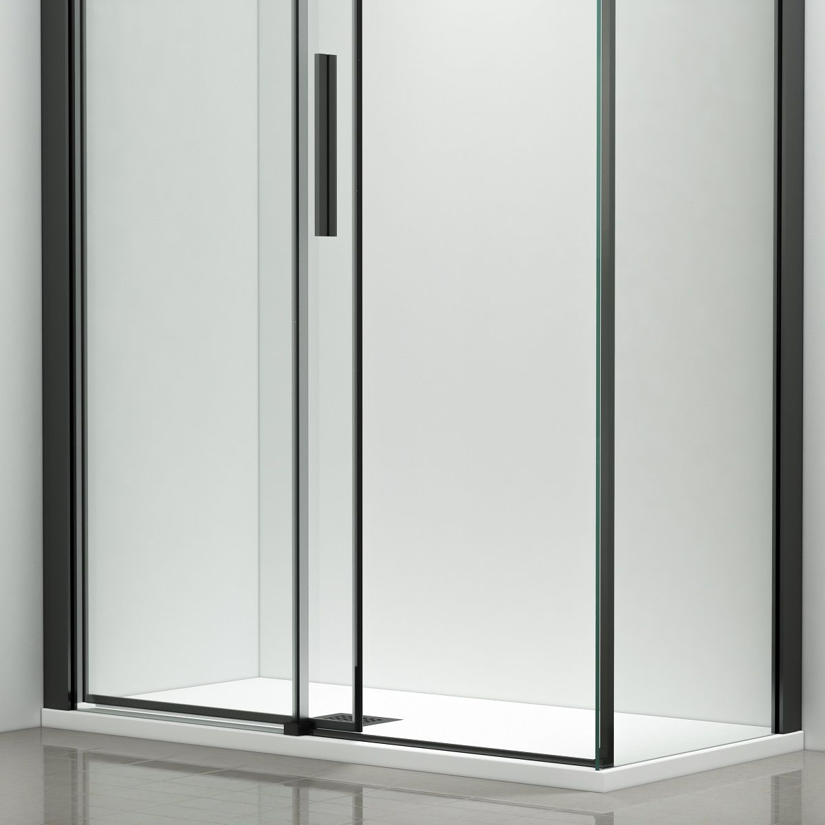 Duschkabine, fester Wand und Schiebetür, 8 mm Sicherheitsglas, Maße 80-90 x 120-140 cm, mattschwarzes Profil, Giorgio