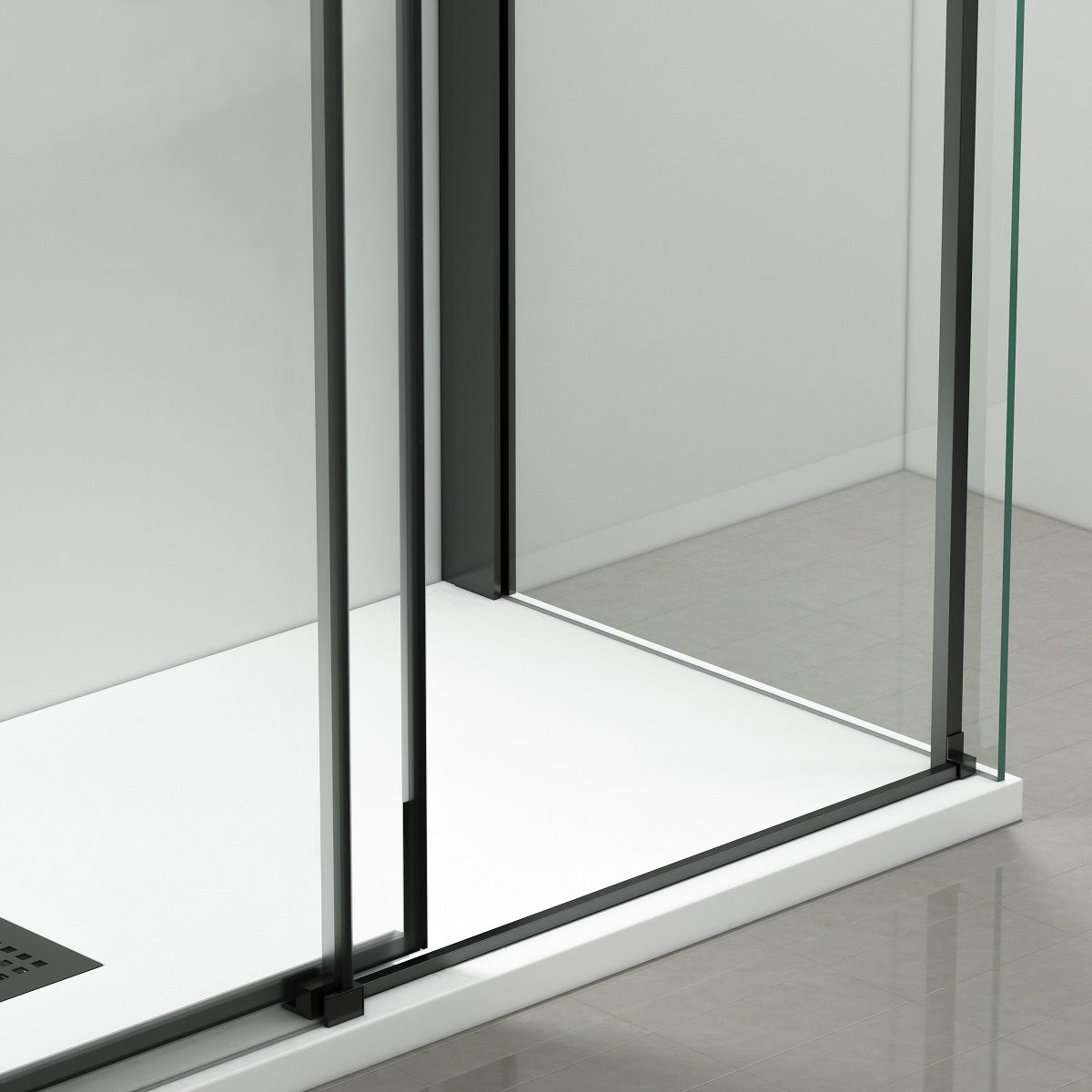 Duschkabine, fester Wand und Schiebetür, 8 mm Sicherheitsglas, Maße 80-90 x 120-140 cm, mattschwarzes Profil, Giorgio