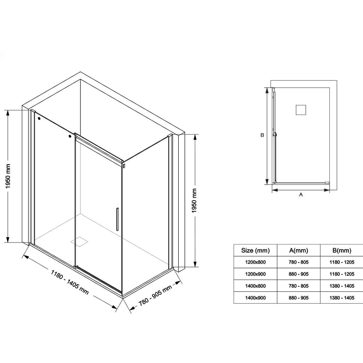 Duschkabine, fester Wand und Schiebetür, 8 mm Sicherheitsglas, Maße 80-90 x 120-140 cm, mattschwarzes Profil, Giorgio