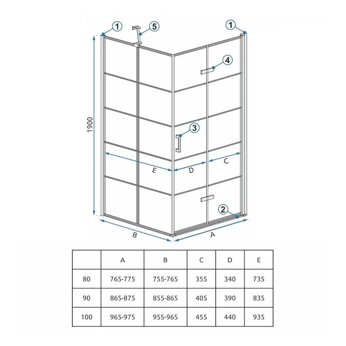 REA-Molier Black Duschkabine, festes Wandelement und Falttür, 6 mm Sicherheitsglas, 80-90 x 90 x 190 cm, Easy Clean