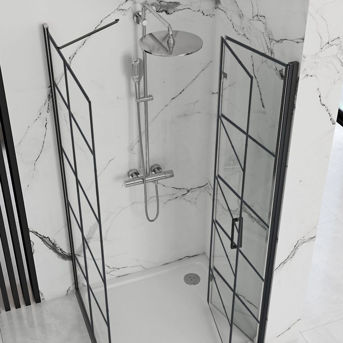 REA-Molier Black Duschkabine, festes Wandelement und Falttür, 6 mm Sicherheitsglas, 80-90 x 90 x 190 cm, Easy Clean