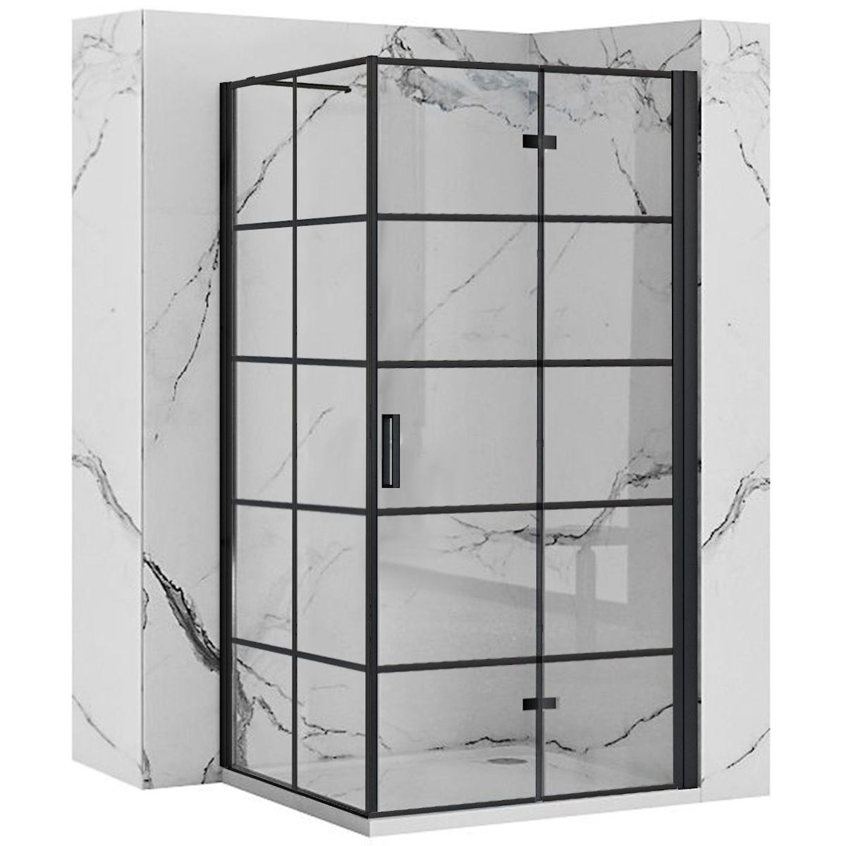 REA-Molier Black Duschkabine, festes Wandelement und Falttür, 6 mm Sicherheitsglas, 80-90 x 90 x 190 cm, Easy Clean
