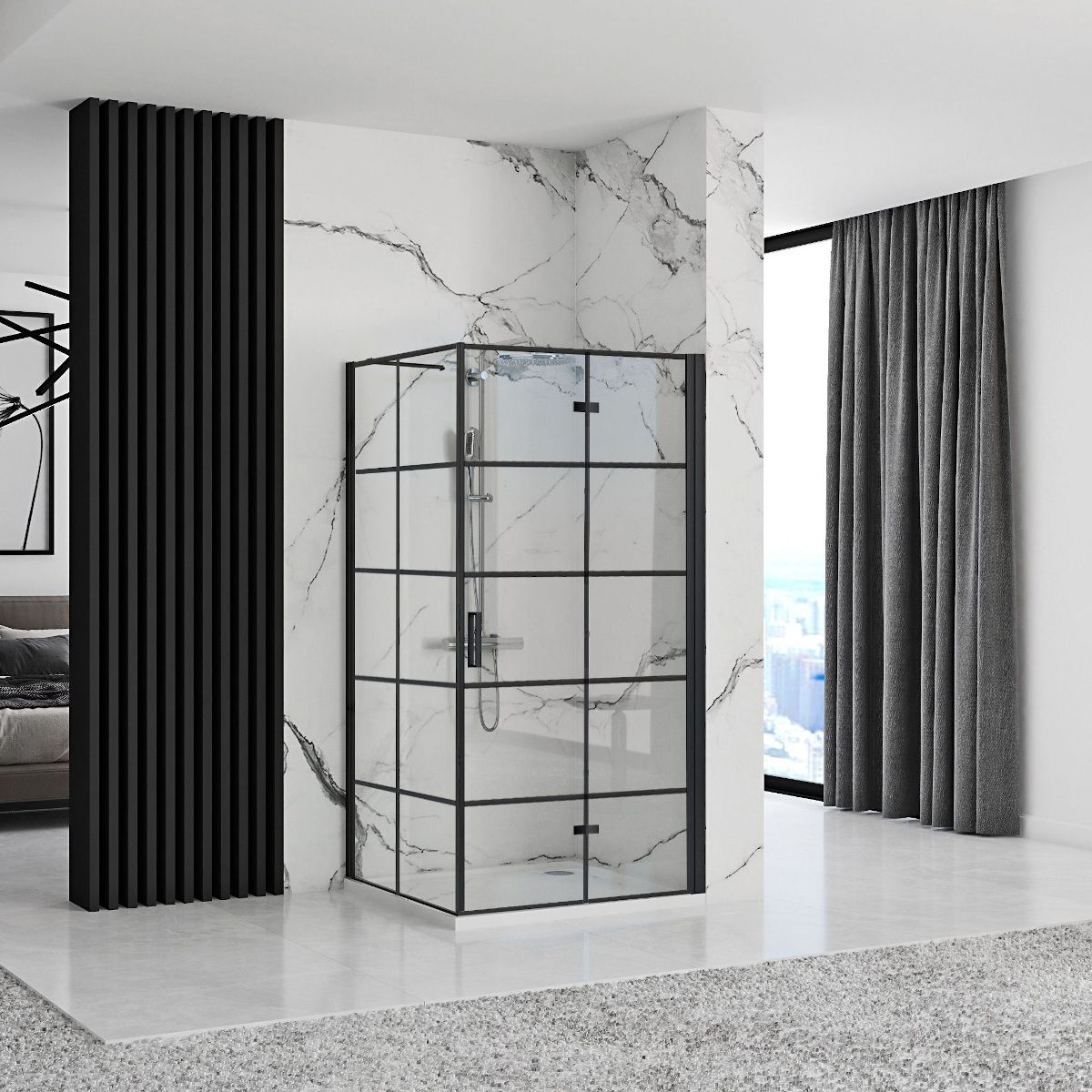 REA-Molier Black Duschkabine, festes Wandelement und Falttür, 6 mm Sicherheitsglas, 80-90 x 90 x 190 cm, Easy Clean