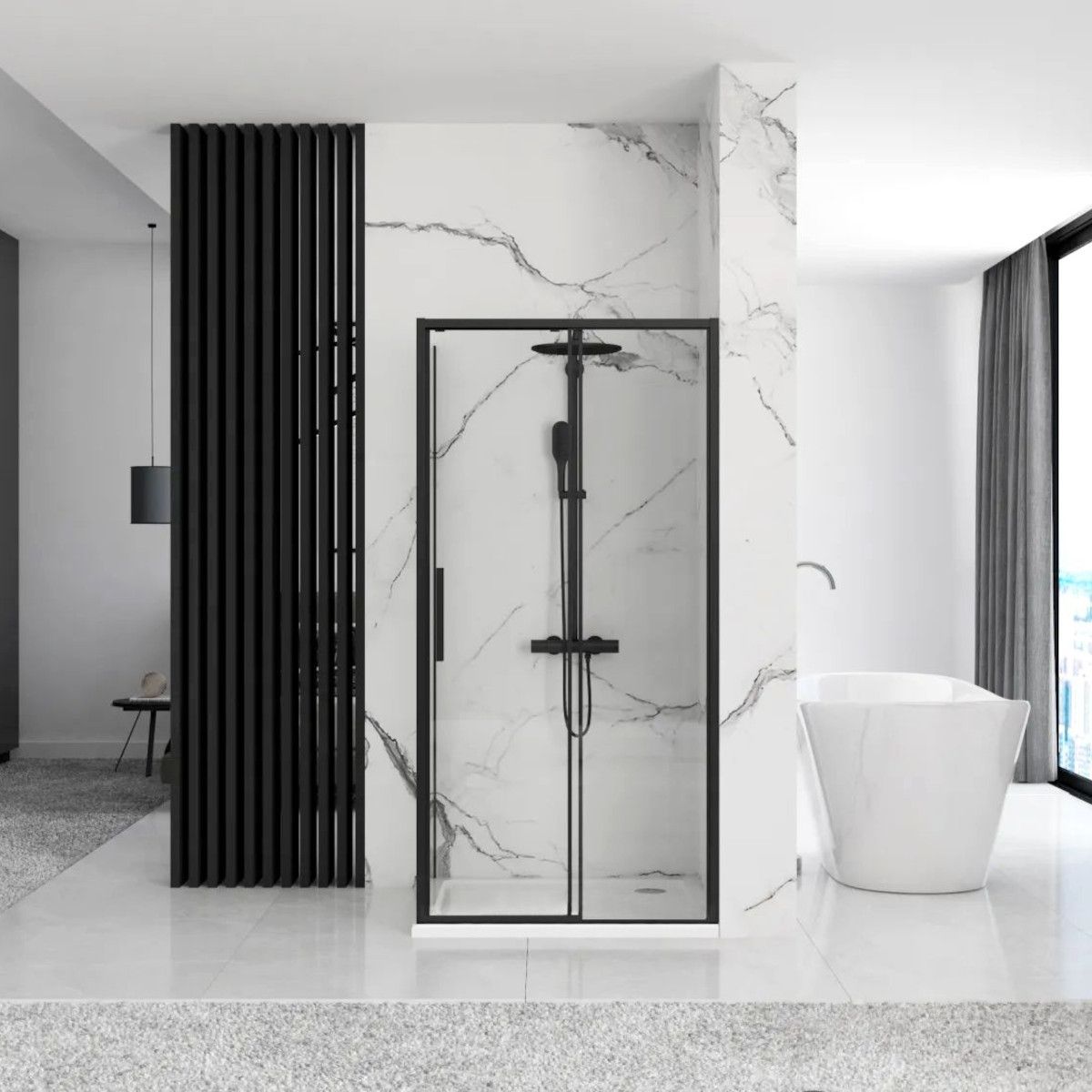 REA-Slide Black Duschkabine, Festwand und Schiebetür, 6 mm Sicherheitsglas, 100 x 150 x 195 cm, Easy Clean