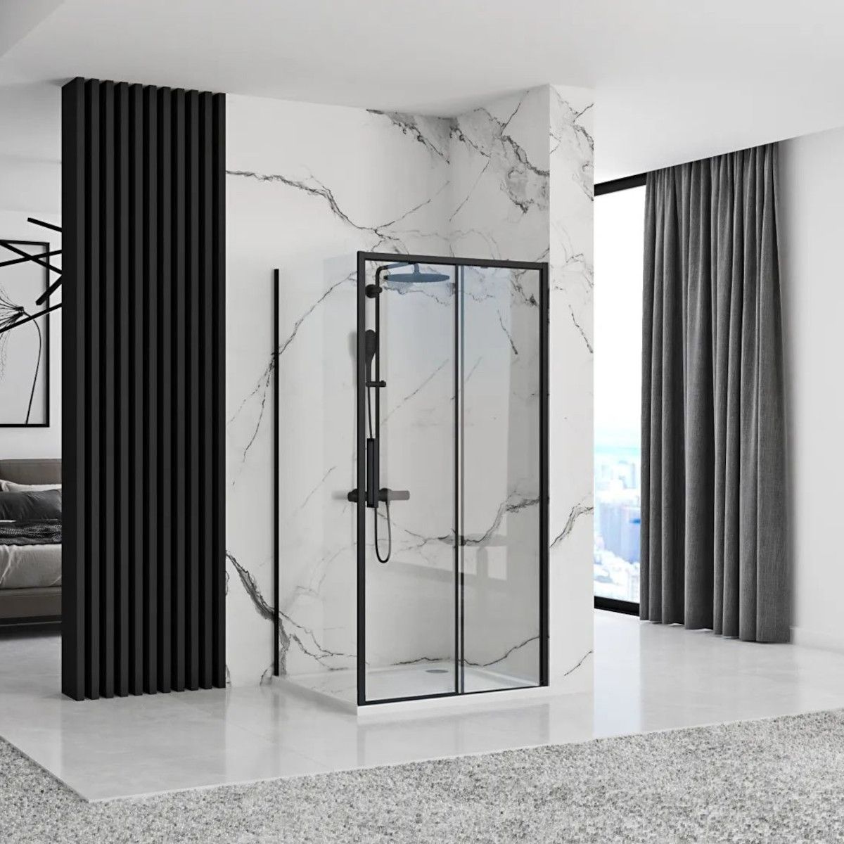 REA-Slide Black Duschkabine, Festwand und Schiebetür, 6 mm Sicherheitsglas, 100 x 150 x 195 cm, Easy Clean