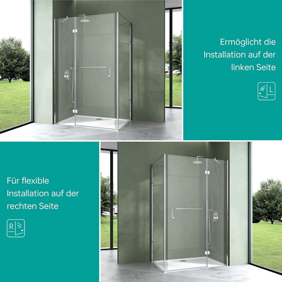Glasduschkabine 04, feste Wand und Flügeltür, 6 mm Sicherheitsglas, Größe 75-100 x 90-140 cm