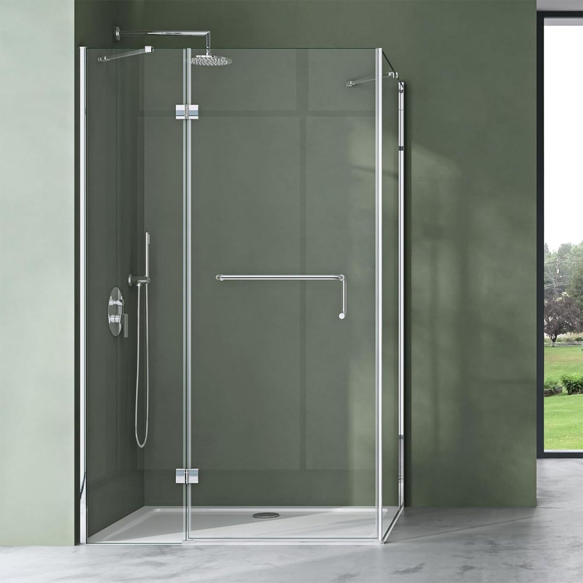 Glasduschkabine 04, feste Wand und Flügeltür, 6 mm Sicherheitsglas, Größe 75-100 x 90-140 cm