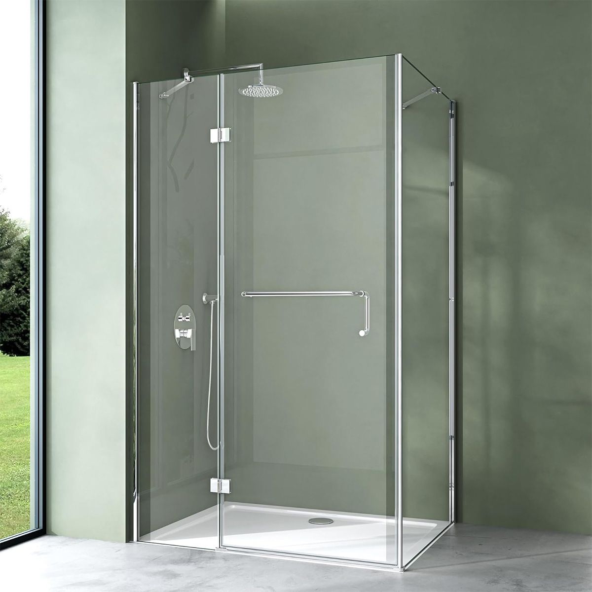 Glasduschkabine 04, feste Wand und Flügeltür, 6 mm Sicherheitsglas, Größe 75-100 x 90-140 cm