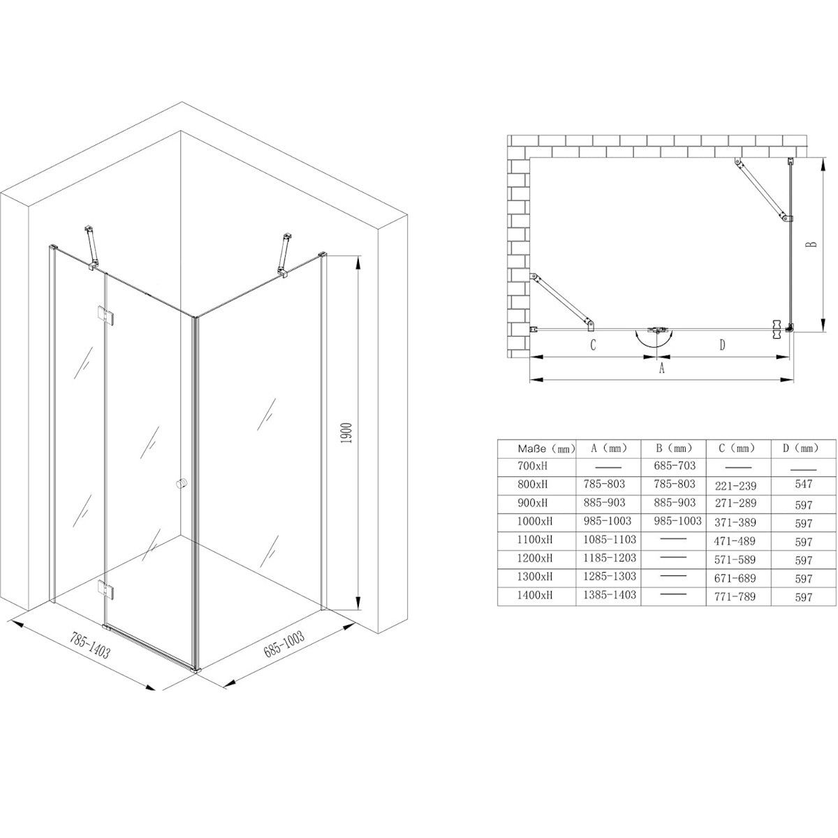 Duschkabine EGO-05, feste Wand und Batanta-Tür, 6 mm Sicherheitsglas, transparent, Maße 70-100 x 90-140 cm