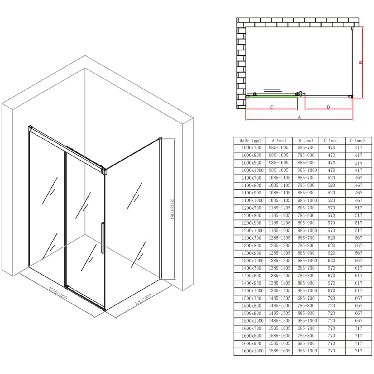 Duschkabine Ego 12, mattschwarz, 80,90,100 x 100,120,140 cm, 6 mm Sicherheitsglas, feste Wand, Schiebetür, Easy Clean