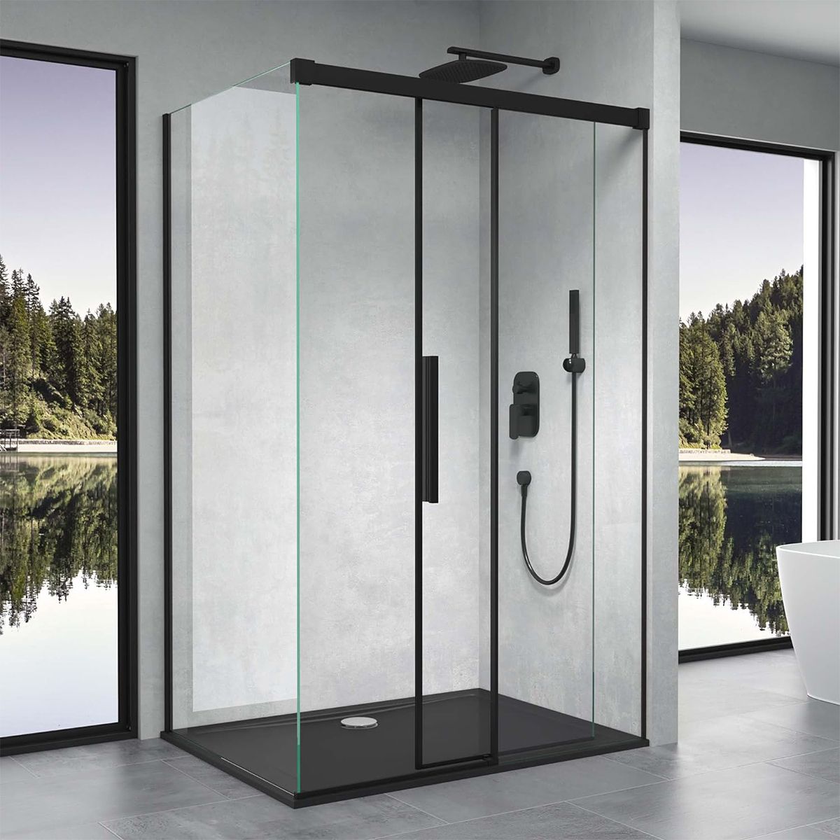 Duschkabine Ego 12, mattschwarz, 80,90,100 x 100,120,140 cm, 6 mm Sicherheitsglas, feste Wand, Schiebetür, Easy Clean