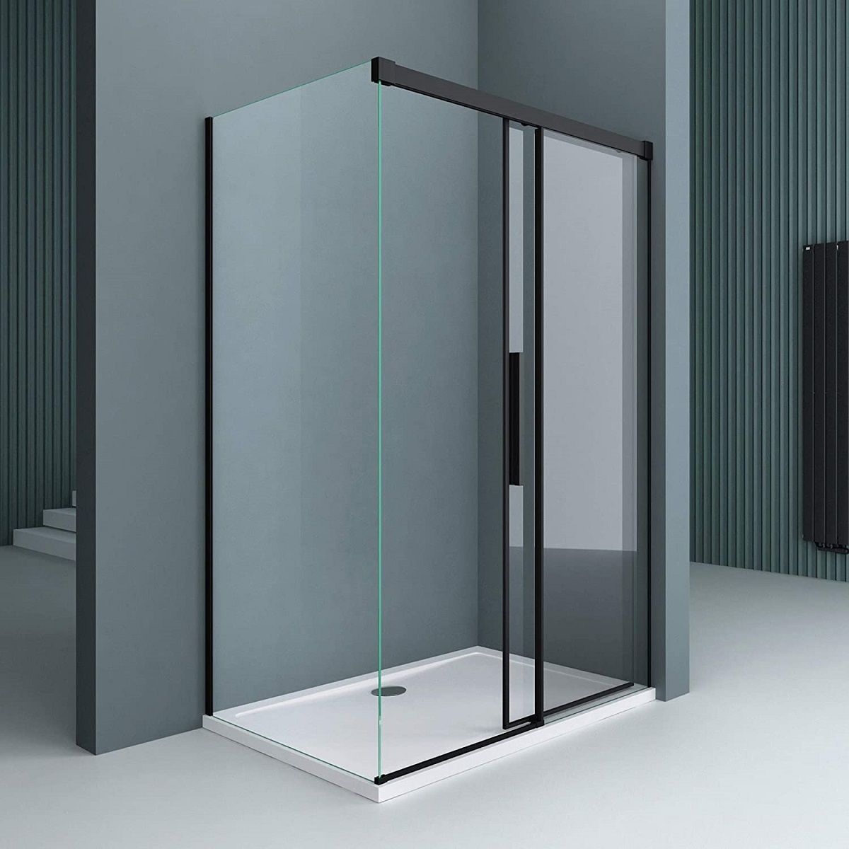 Duschkabine Ego 12, mattschwarz, 80,90,100 x 100,120,140 cm, 6 mm Sicherheitsglas, feste Wand, Schiebetür, Easy Clean