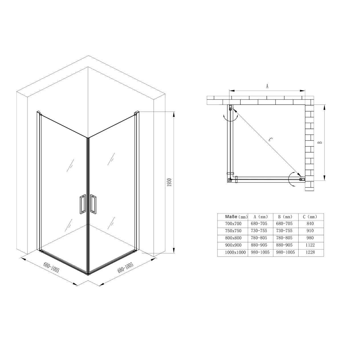 Duschkabine EGO-24, 6mm Sicherheitsglas, teilmattiert, 85x85 cm, 2 Drehtüren, 180°-Öffnung
