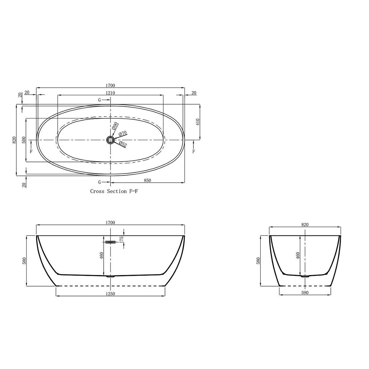 Badewanne aus Sanitäracryl, Glänzend Weiß Innen/Außen, 170x82 cm, thermische Isolierung, freistehend, Linea