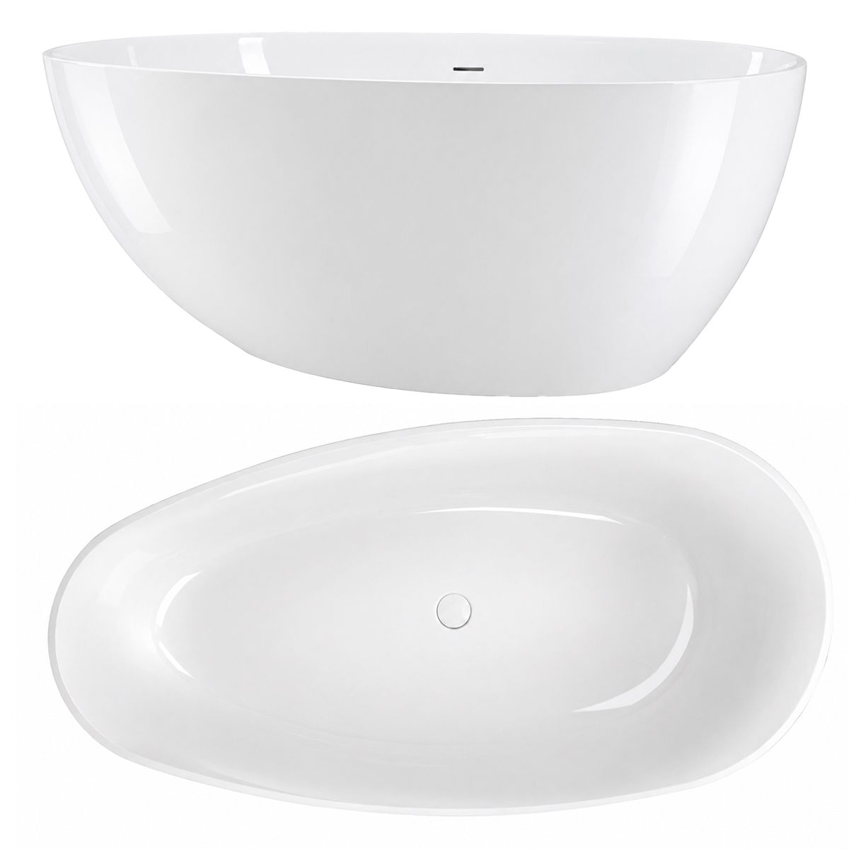 Badewanne, Mineralwerkstoff, freistehend, inklusive weißem Abfluss, Hochglanzweiß, 170 x 78 cm, Aveline