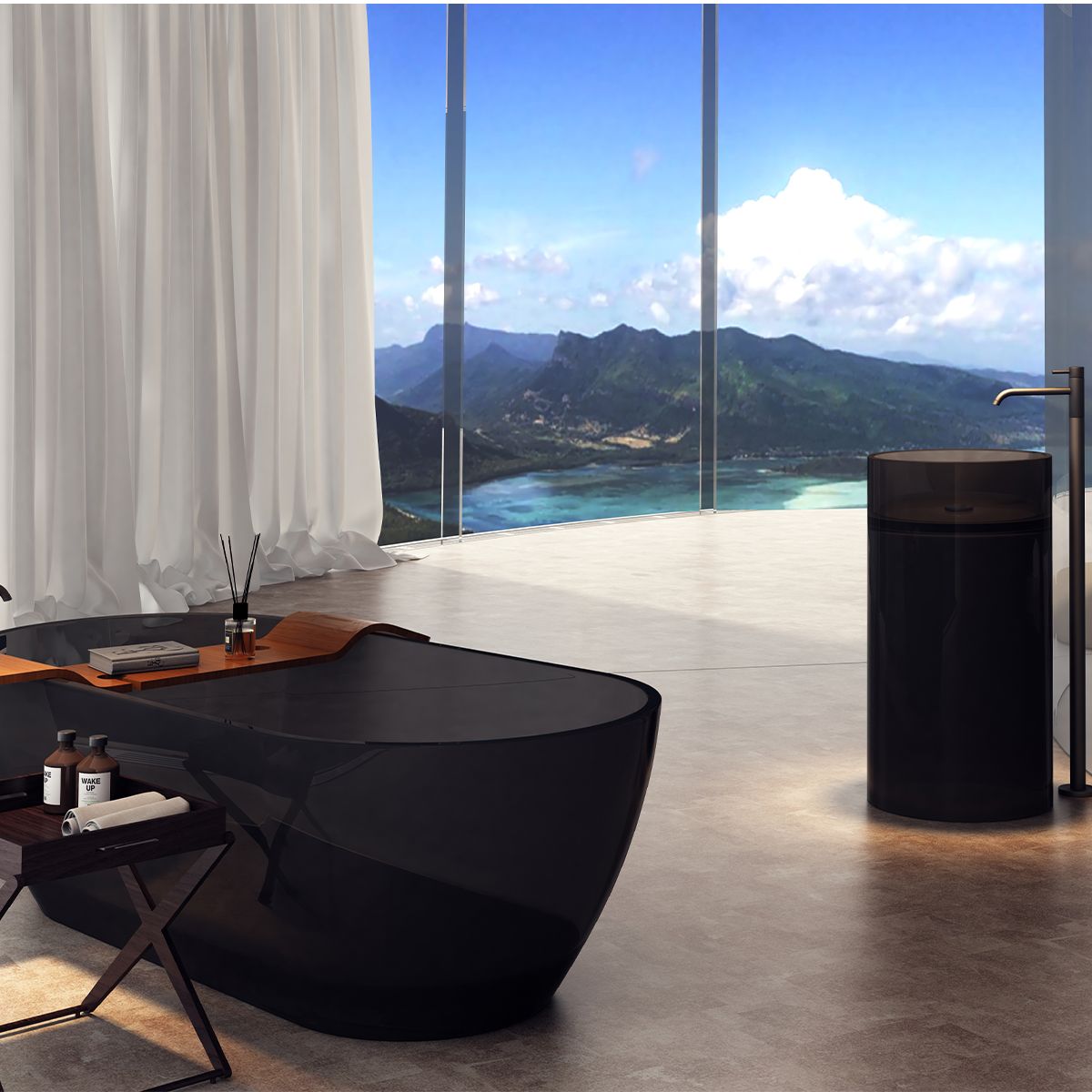 Freistehende Badewanne, CristalMood, Transparent Schwarz, 170x80 cm, mit Ablaufventil, Sole