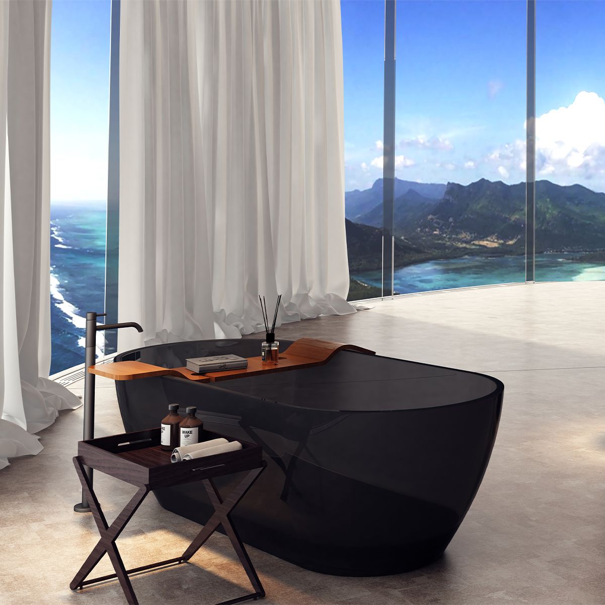 Freistehende Badewanne, CristalMood, Transparent Schwarz, 170x80 cm, mit Ablaufventil, Sole