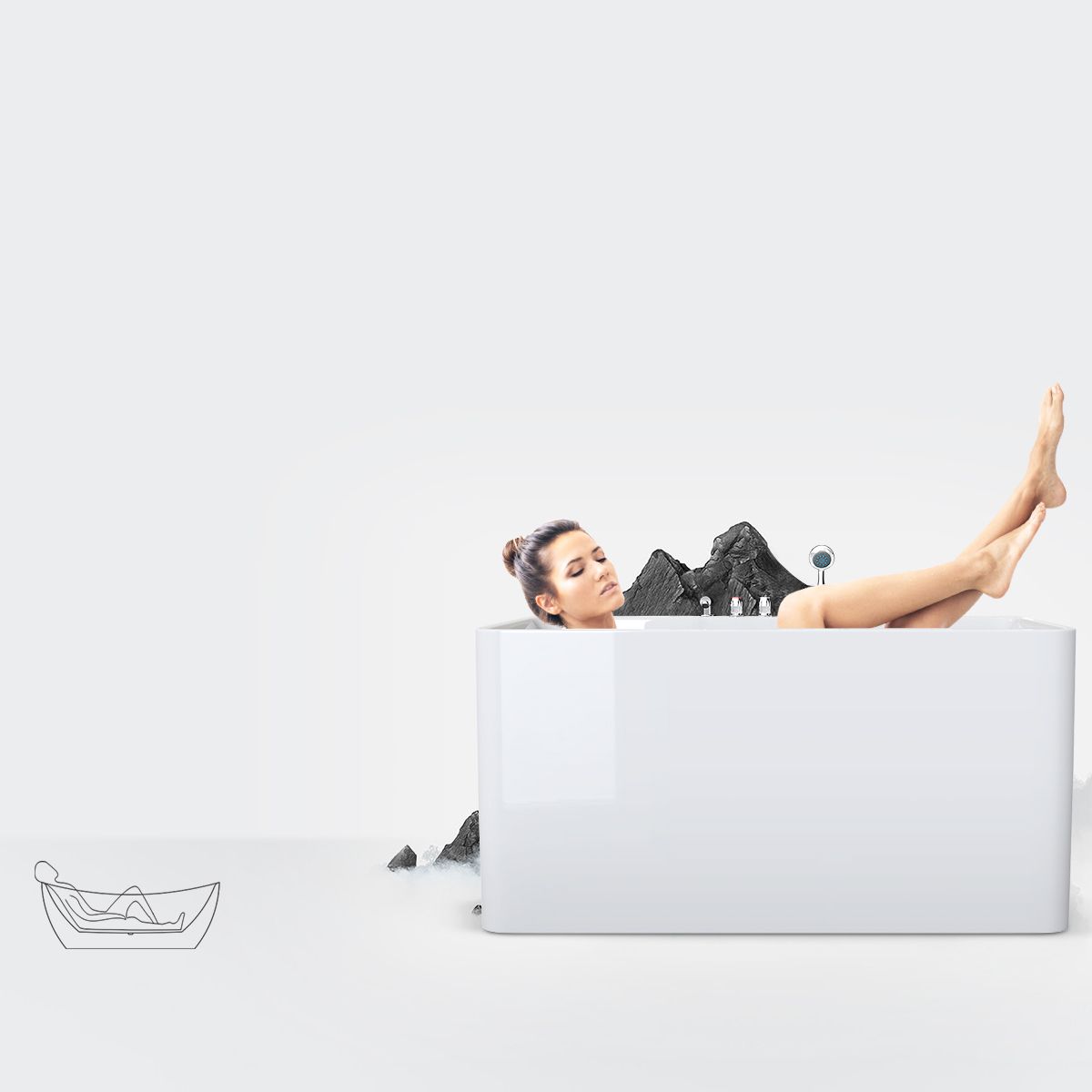Badewanne EGO 601S, freistehend, 170 oder 180 cm, integrierte Armatur mit verchromtem Finish, thermoaktives Sanitäracryl, Weiß