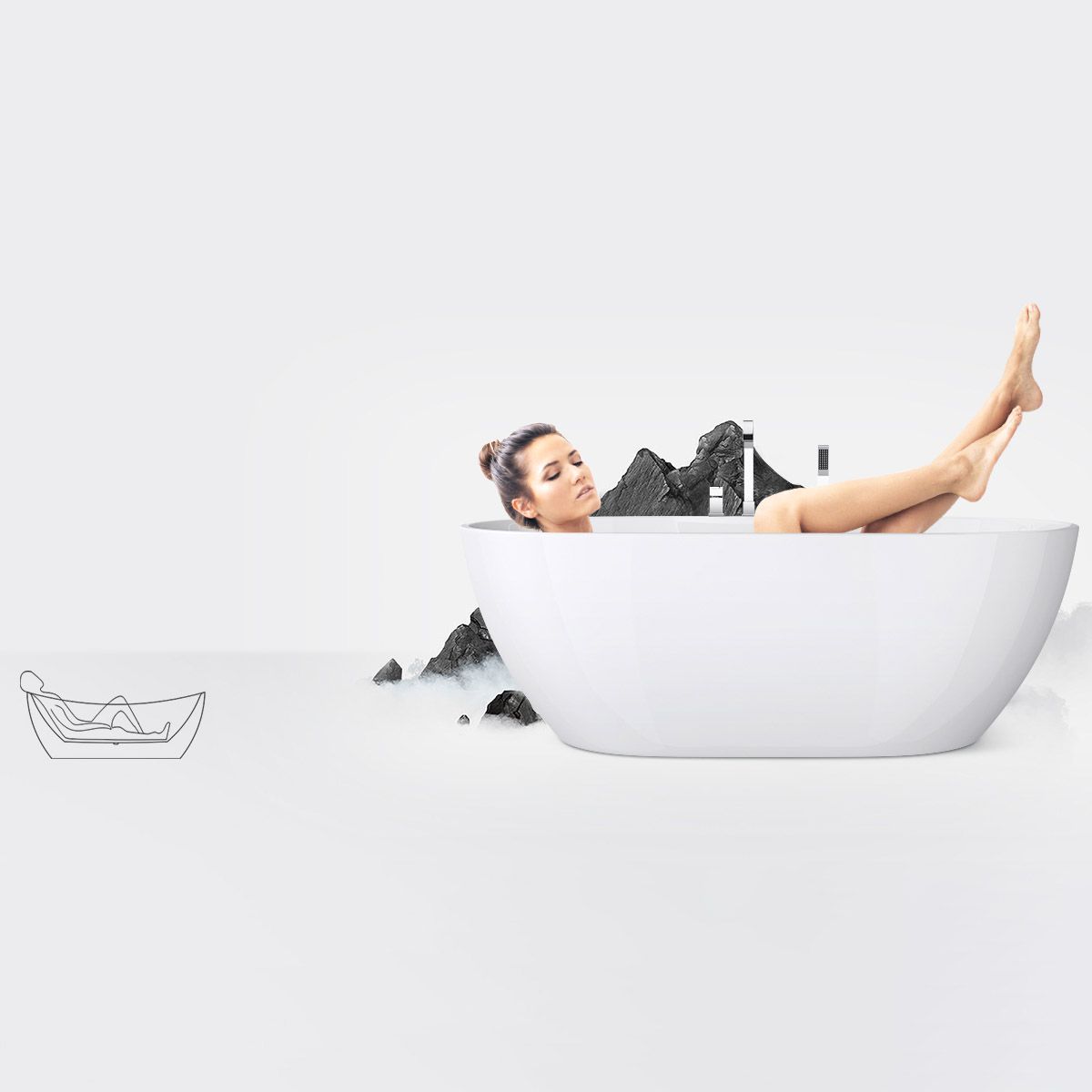 Badewanne EGO 605, freistehend, 170 cm, integrierte Armatur mit verchromtem Finish, thermoaktives Sanitäracryl, Weiß
