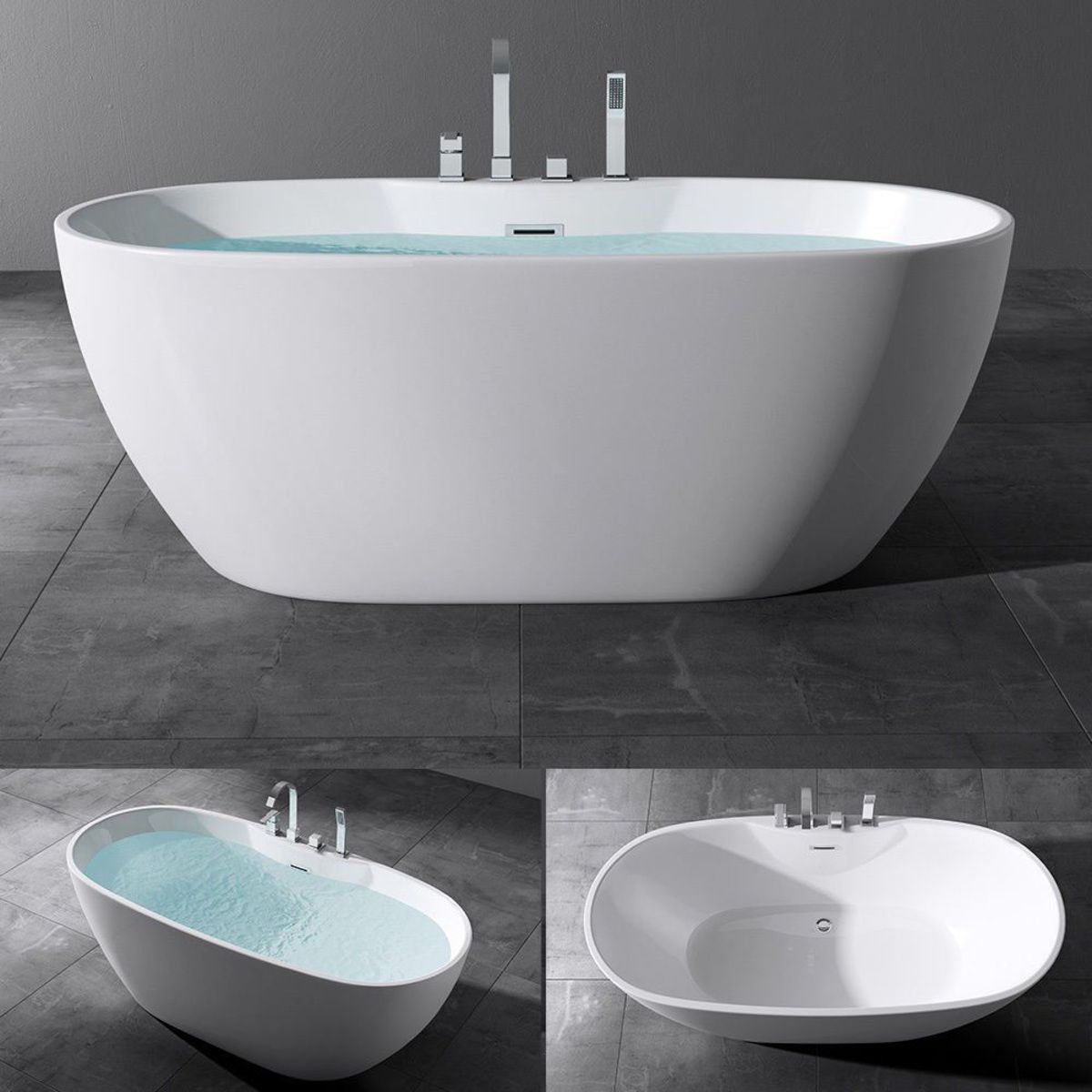 Badewanne EGO 605, freistehend, 170 cm, integrierte Armatur mit verchromtem Finish, thermoaktives Sanitäracryl, Weiß