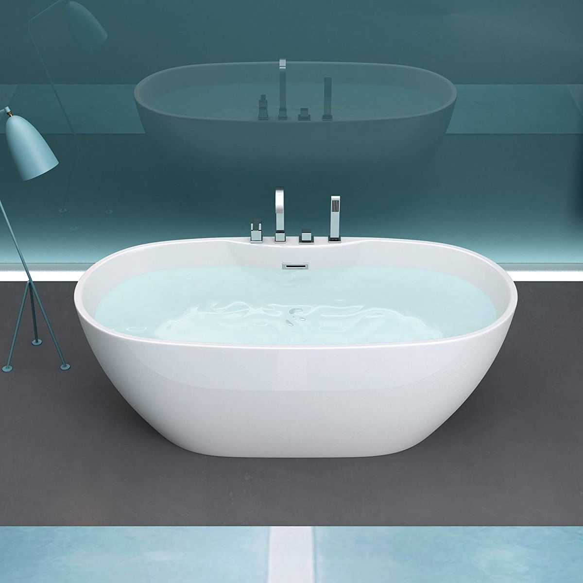Badewanne EGO 605, freistehend, 170 cm, integrierte Armatur mit verchromtem Finish, thermoaktives Sanitäracryl, Weiß