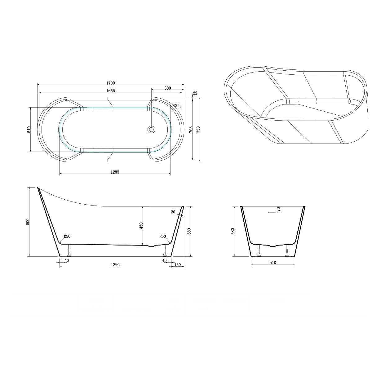 Freistehende Badewanne, Sanitäracryl, glänzend Weiß, 170x75 cm, Wärmedämmung, Agota