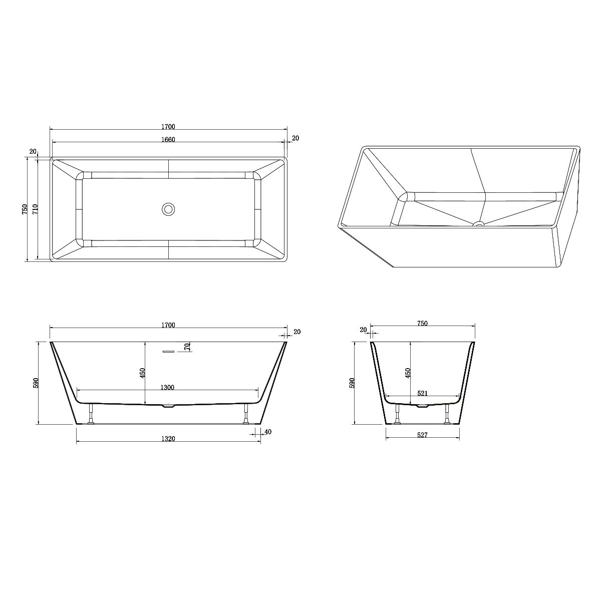 Freistehende Badewanne, Sanitäracryl, glänzend Weiß, 170x75 cm, Wärmedämmung, Cora