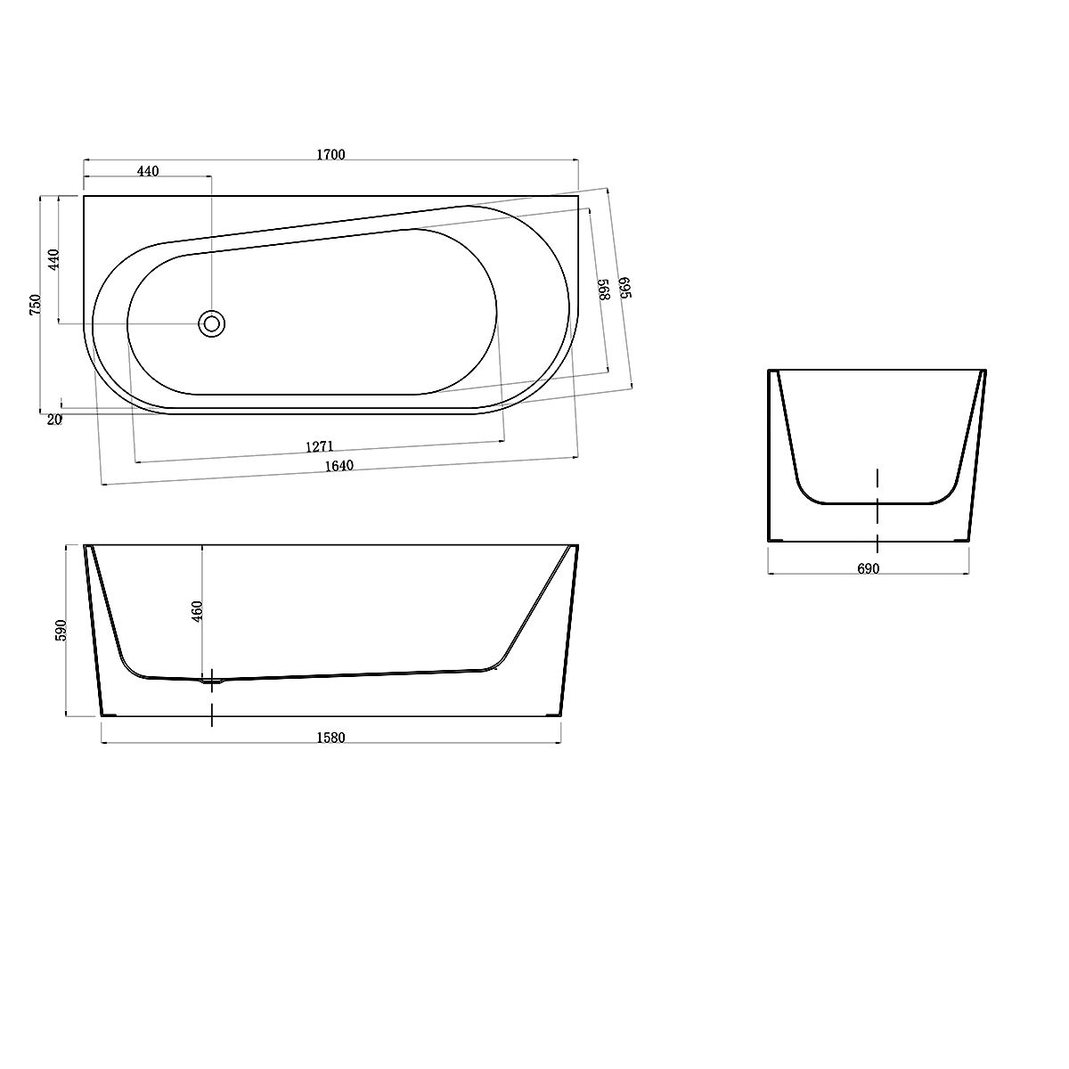 Freistehende Badewanne, Sanitäracryl, glänzend Weiß, 160,170 oder 180 cm, Wärmedämmung, Joe