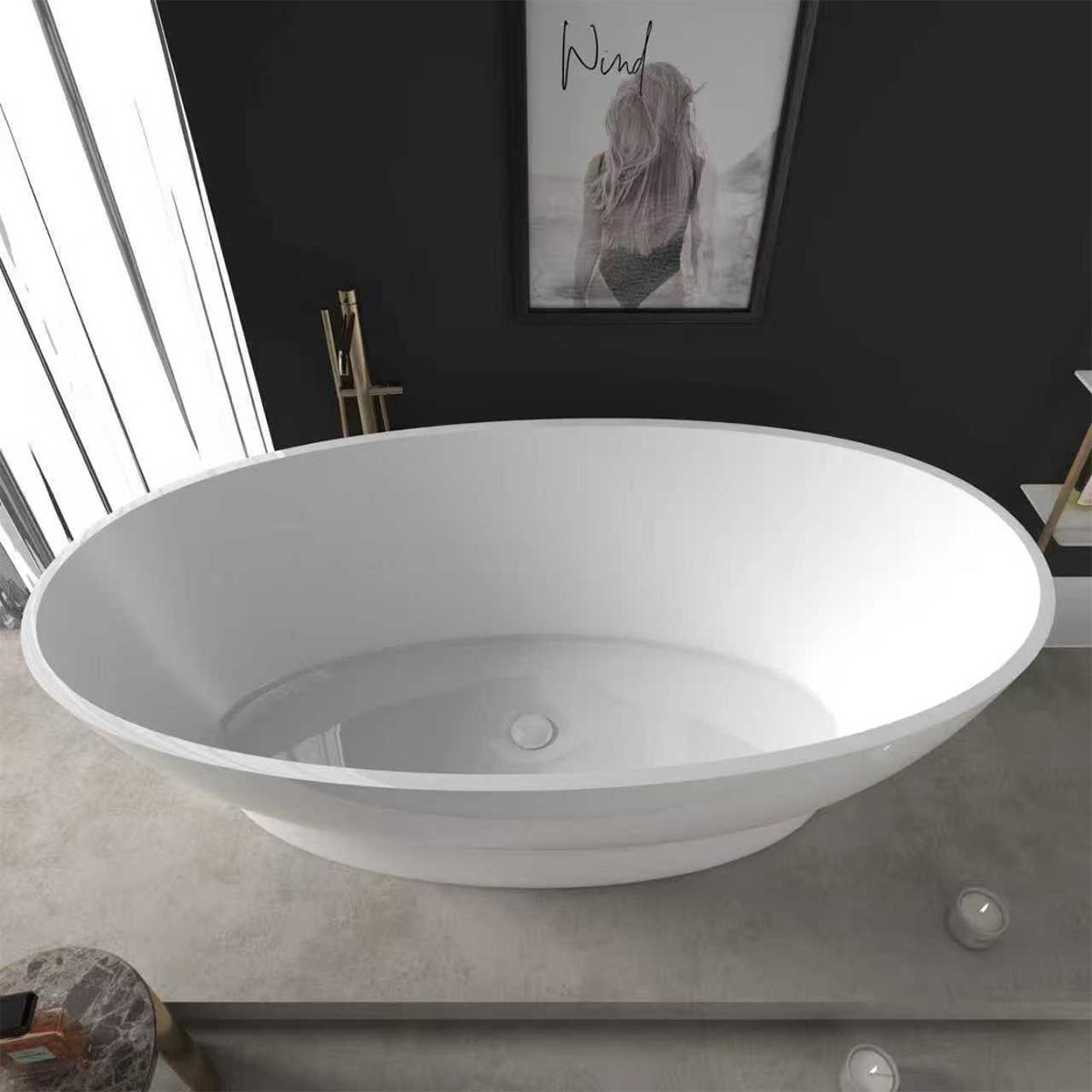 Badewanne, freistehend, Mineralverbund, Ablauf in Weiß inklusive, glänzend Weiß, 160x83 cm, Edena