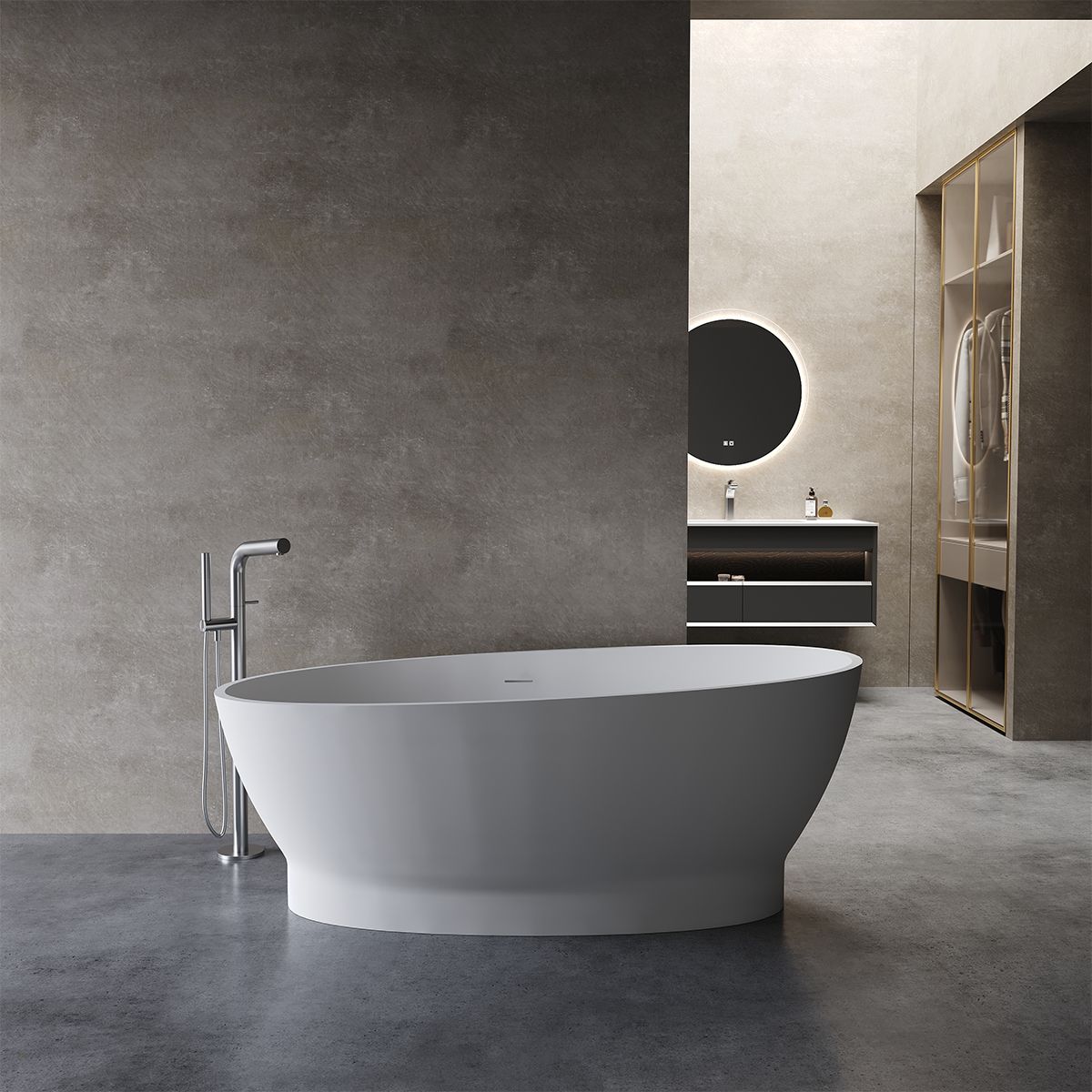 Badewanne, freistehend, Mineralverbund, Ablauf in Weiß inklusive, glänzend Weiß, 160x83 cm, Edena