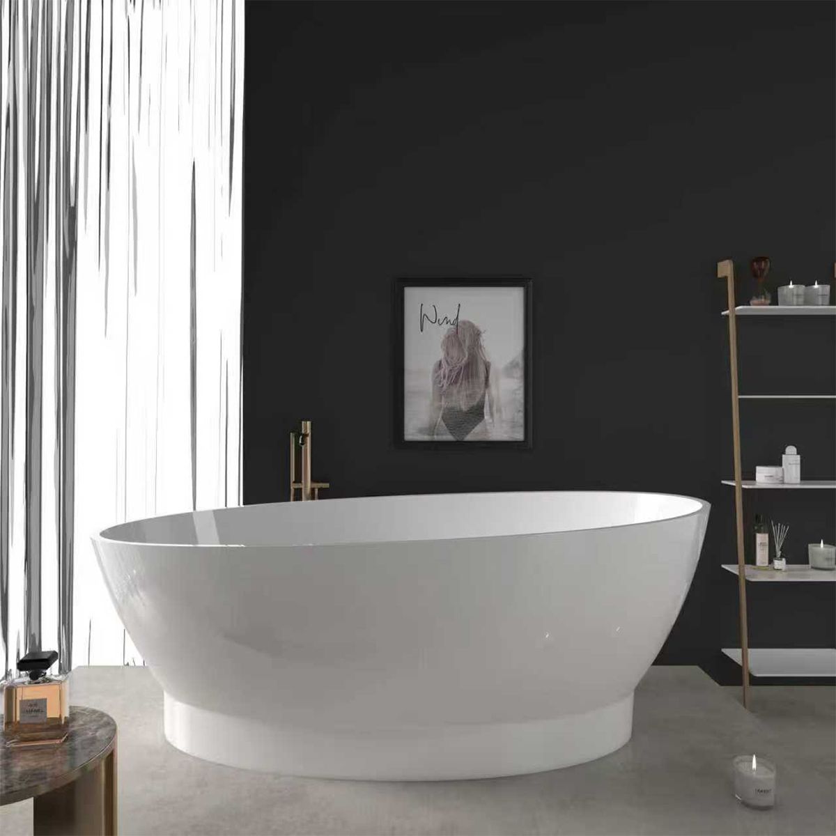 Badewanne, freistehend, Mineralverbund, Ablauf in Weiß inklusive, glänzend Weiß, 160x83 cm, Edena