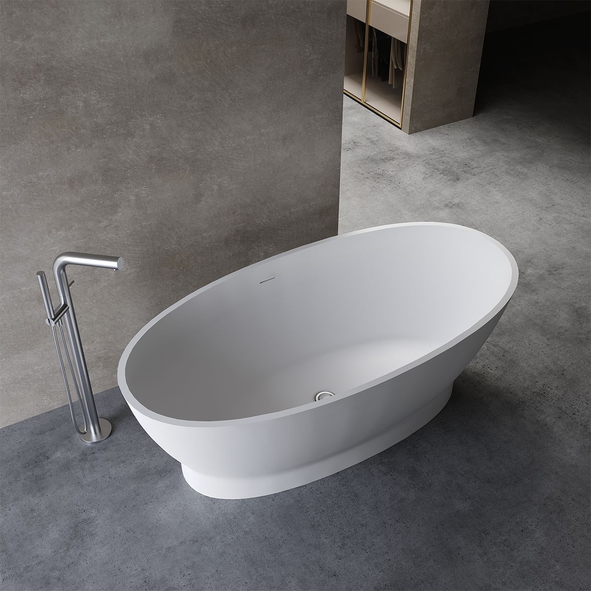 Badewanne, freistehend, Mineralverbund, Ablauf in Weiß inklusive, glänzend Weiß, 160x83 cm, Edena