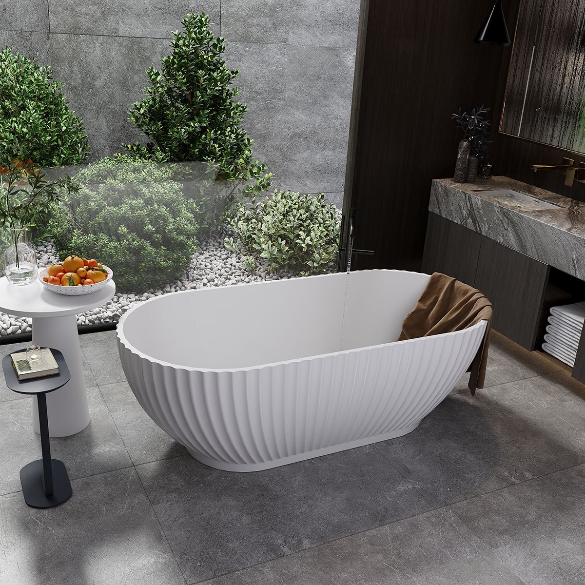 Badewanne, freistehend, Mineralverbund, Ablauf in Weiß inklusive, glänzend Weiß, 170x80 cm, Bali