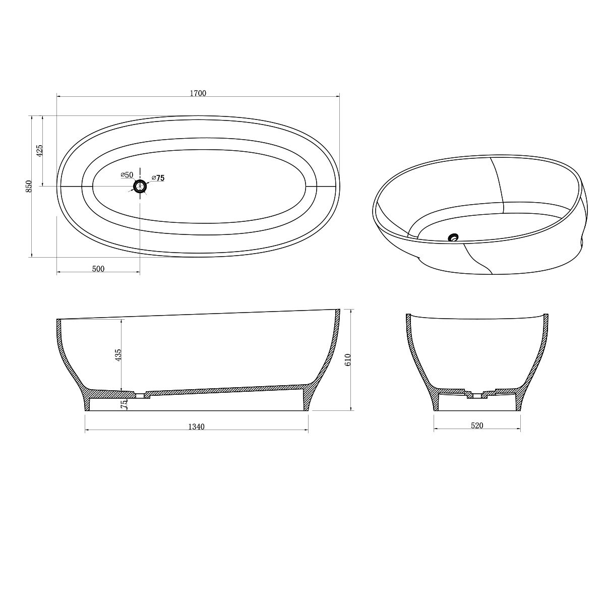 Freistehende Badewanne, Mineralkomposit, inklusive weißem Ablaufventil, glänzend Weiß, 170x85 cm, Noemi