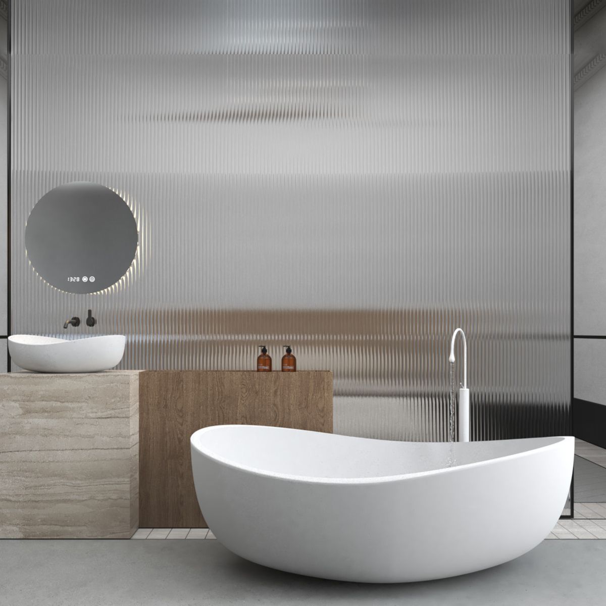 Freistehende Badewanne, Mineralkomposit, inklusive weißem Ventil, glänzend Weiß, 180x109 cm, Lirio
