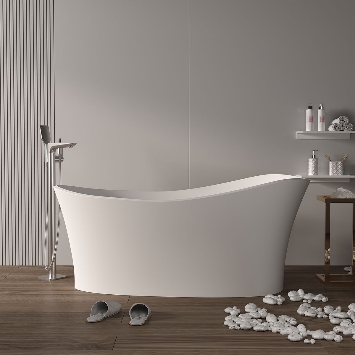 Badewanne, freistehend, Mineralverbund, Ablauf in Weiß inklusive, glänzend Weiß, 150x78 cm, Nice
