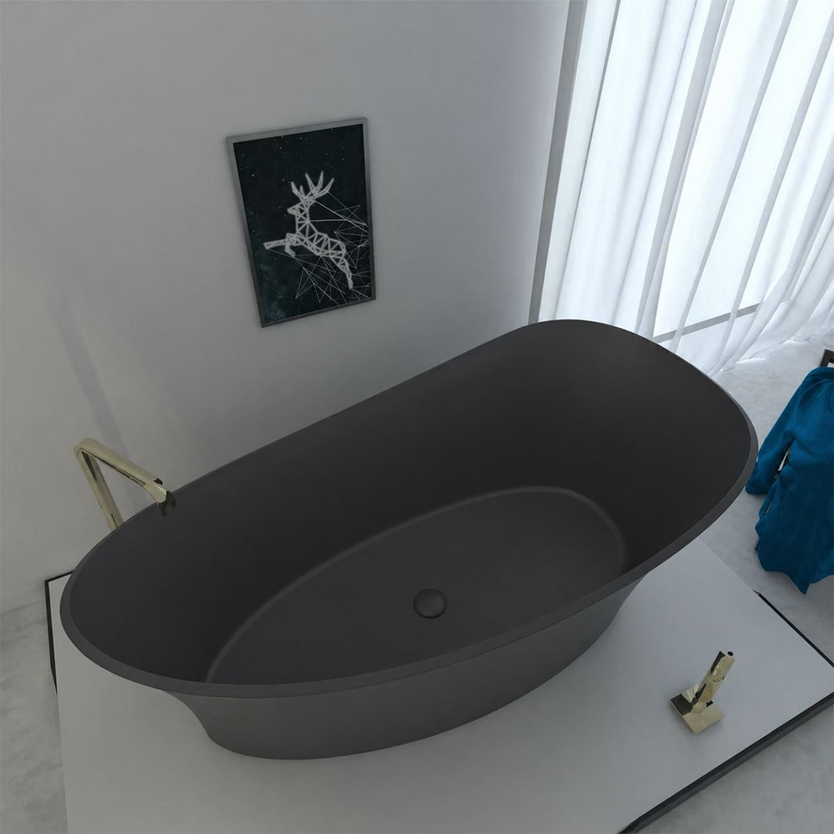 Badewanne, freistehend, Mineralverbund, Ablauf inklusive, Matte Anthracite, 150x78 cm, Nice