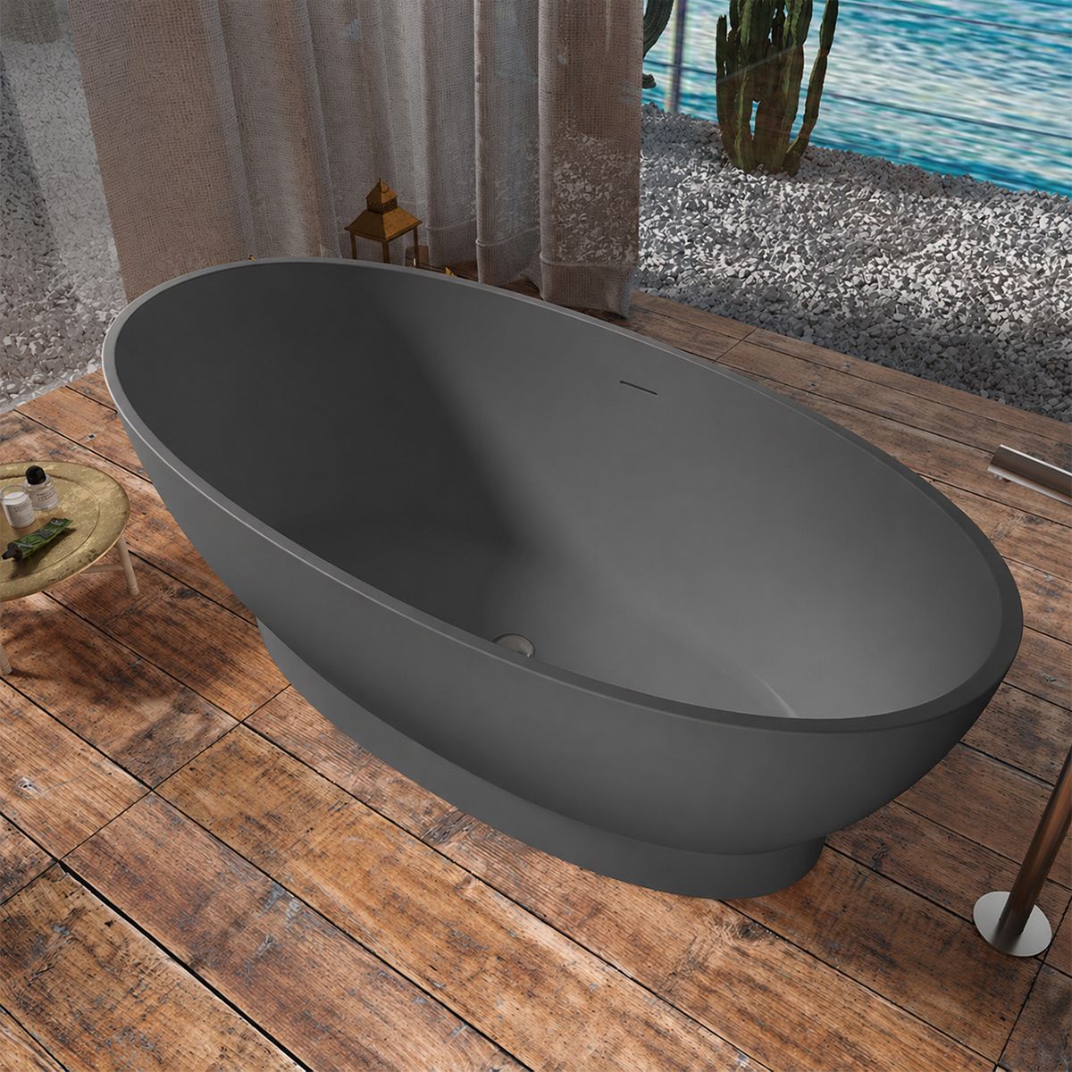 Badewanne, freistehend, Mineralverbund, Ablauf inklusive, Matte Anthracite, 160x83 cm, Edena