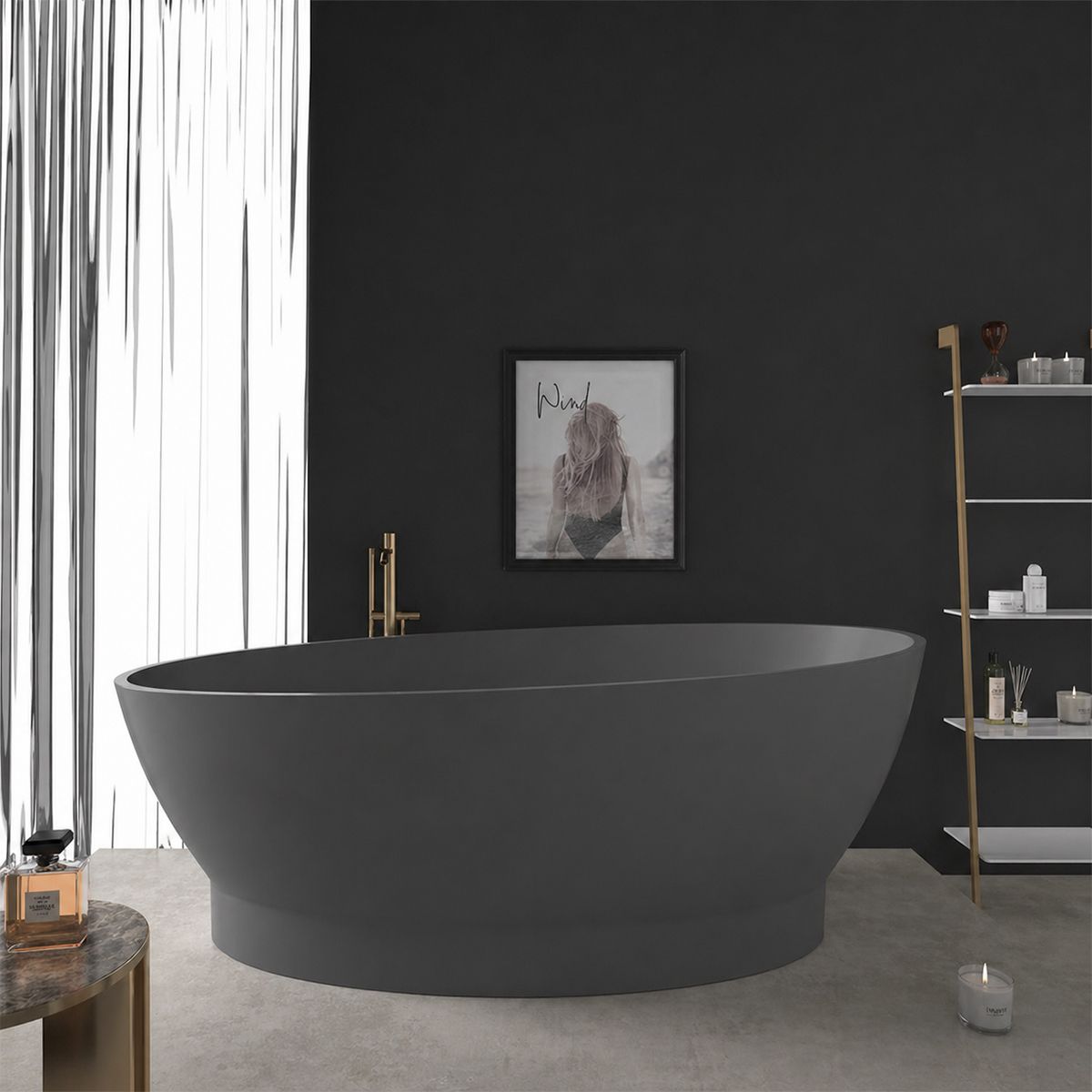 Badewanne, freistehend, Mineralverbund, Ablauf inklusive, Matte Anthracite, 160x83 cm, Edena
