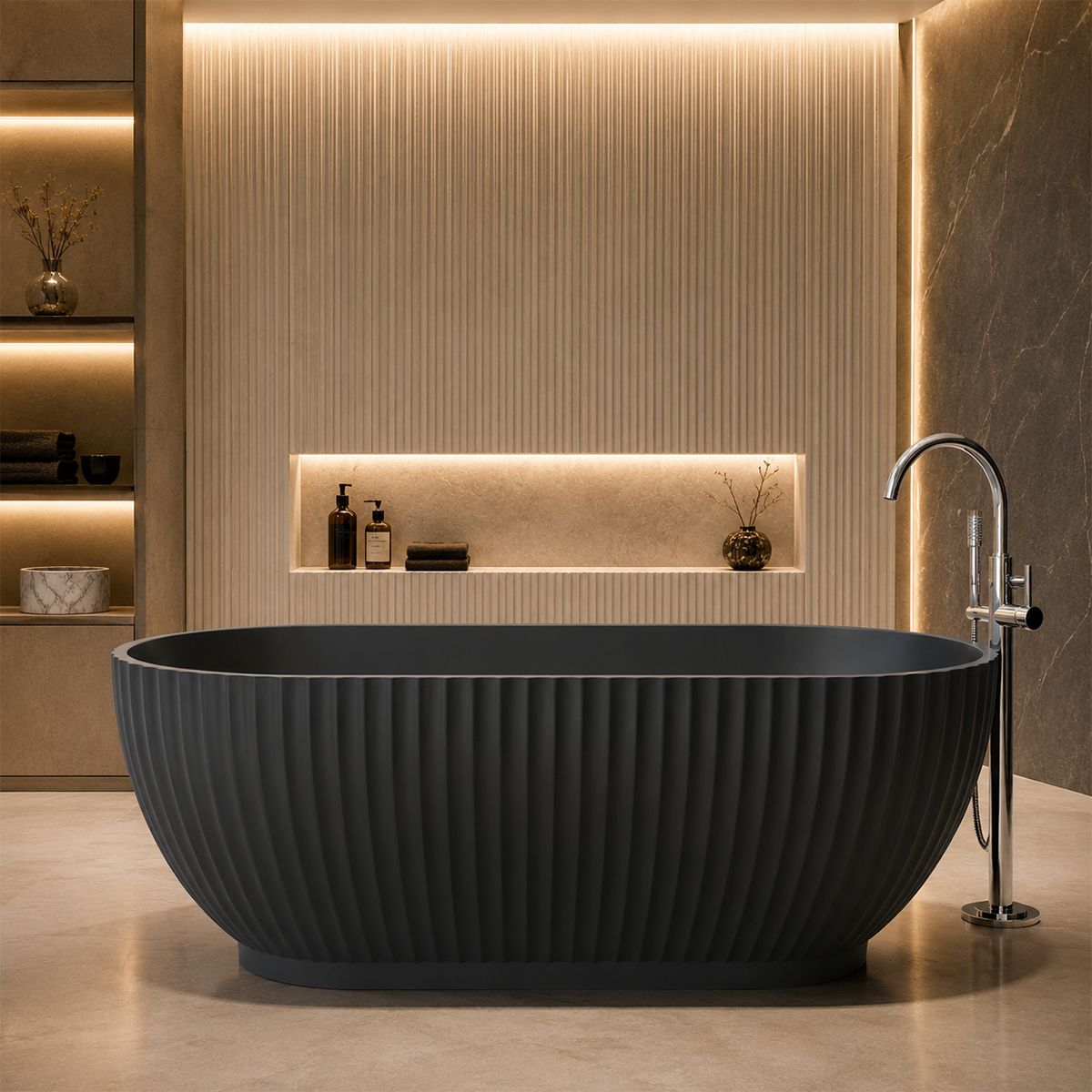 Badewanne, freistehend, Mineralverbund, Ablauf inklusive, Matte Anthracite, 170x80 cm, Bali